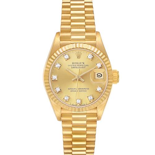 This Rolex President 69178 Women's Yellow Gold Champagne Dial model is shown from a top-down angle, displaying the entire watch face, bezel, crown, and bracelet.