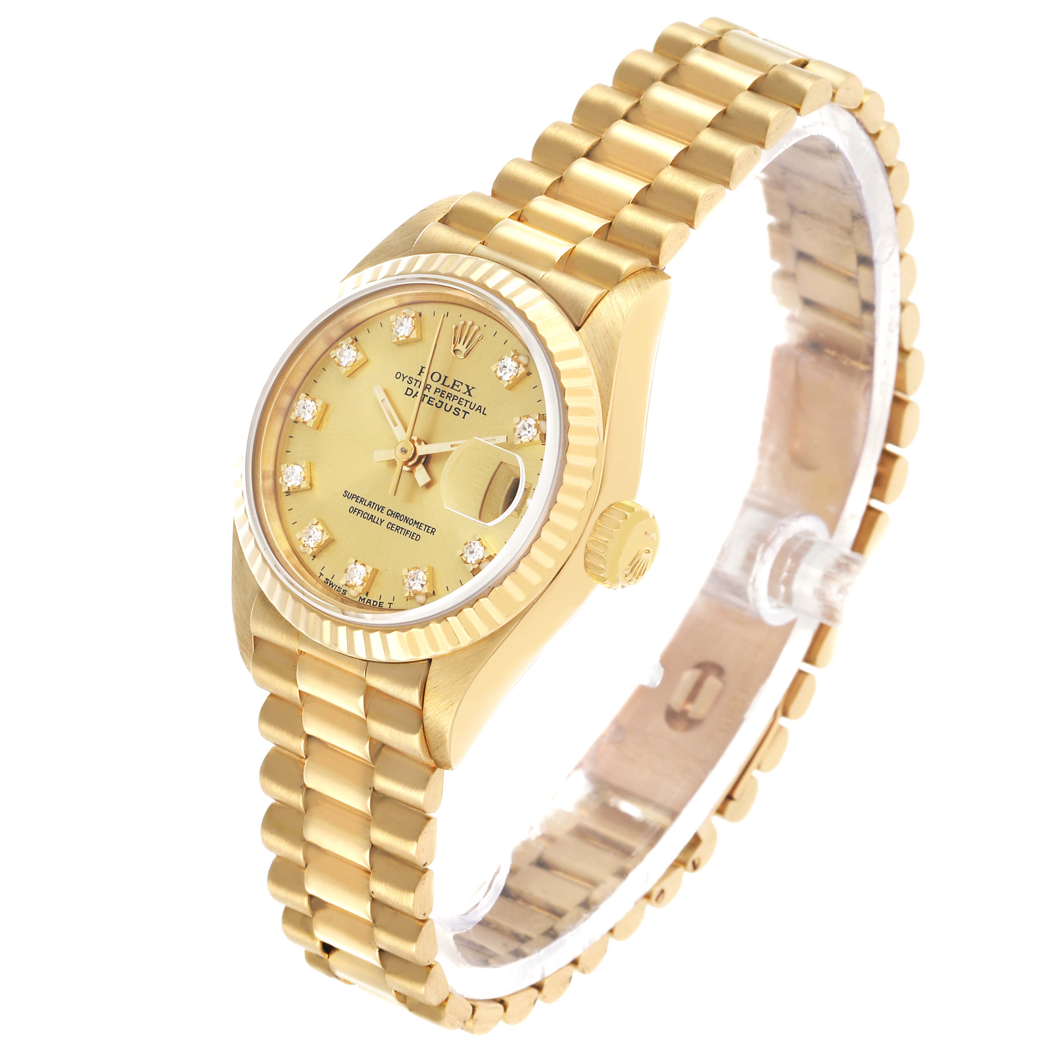 The Rolex President 69178 Women's Yellow Gold Champagne Dial model watch is shown at a three-quarter angle, highlighting the face, bezel, crown, and bracelet.