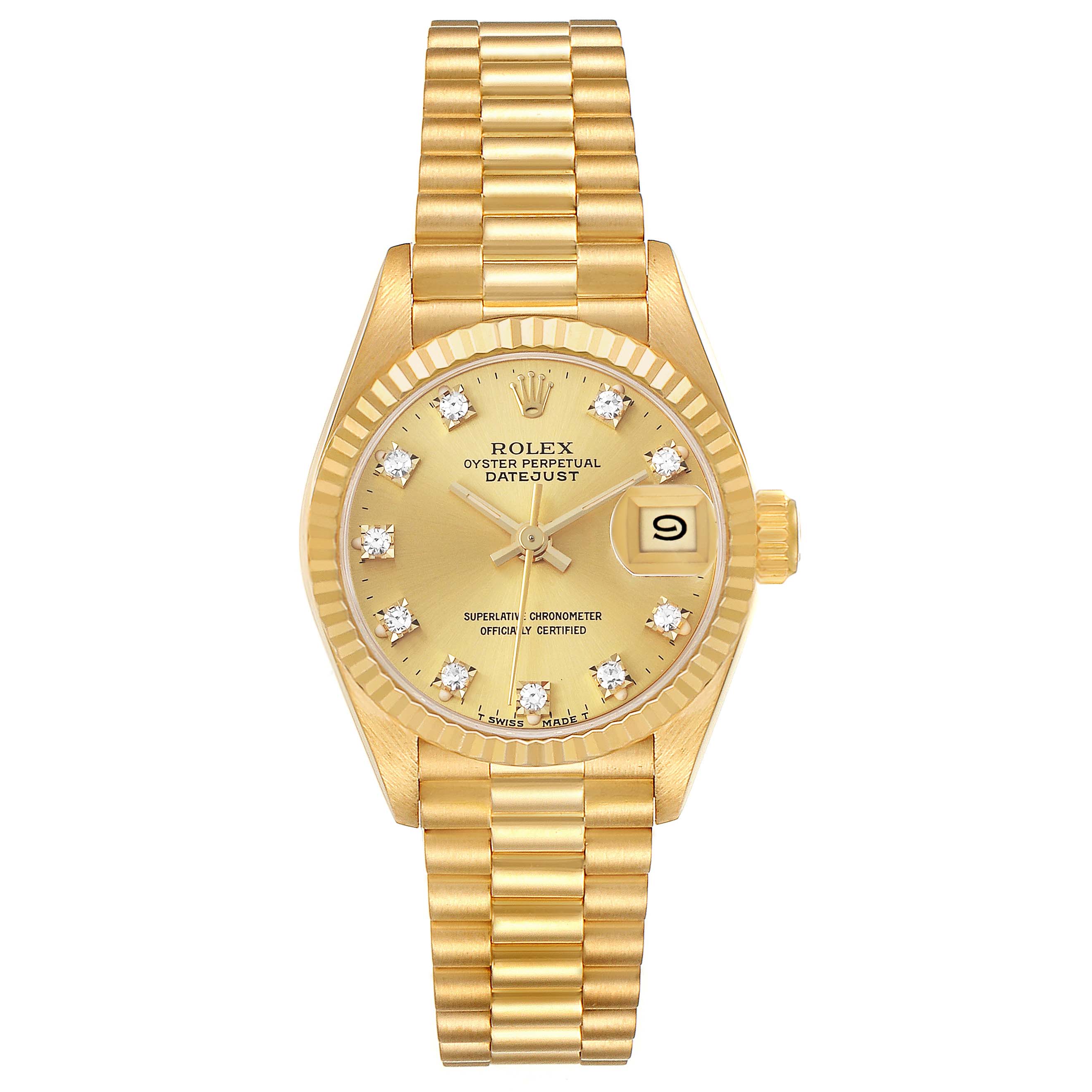 The Rolex President 69178 Women's Yellow Gold Champagne Dial model watch is shown from a front angle, highlighting the face, dial, and bracelet.