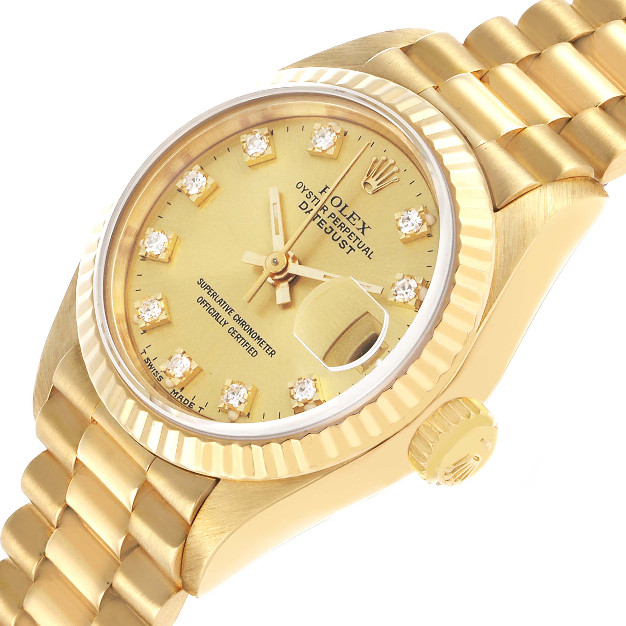 The Rolex President 69178 Women's Yellow Gold Champagne Dial model is shown at an angled view with a focus on the gold dial, bezel, and the bracelet.