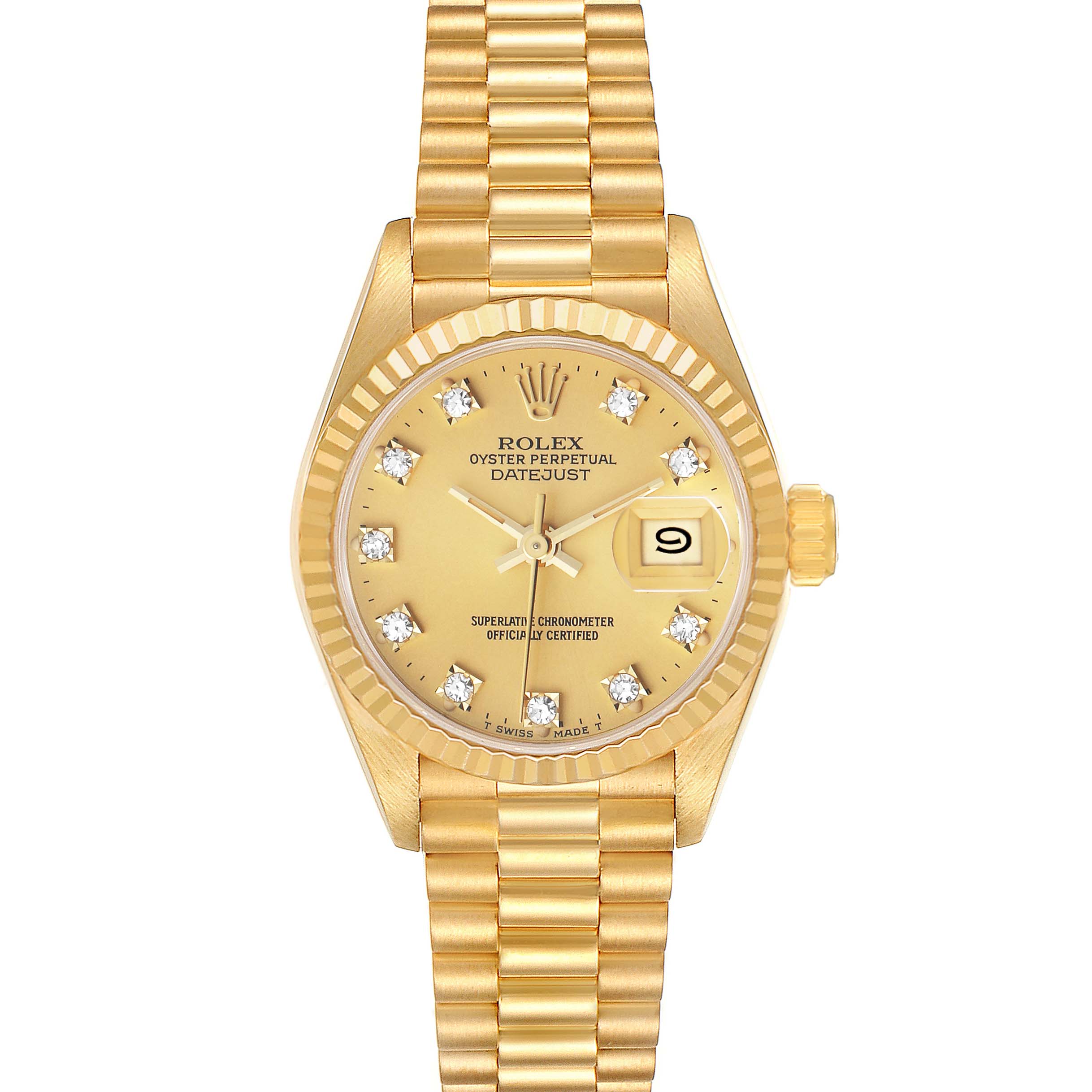 The image shows a Rolex President 69178 Women's Yellow Gold Champagne Dial model watch from a top-down angle, highlighting the dial, bracelet, and date function.