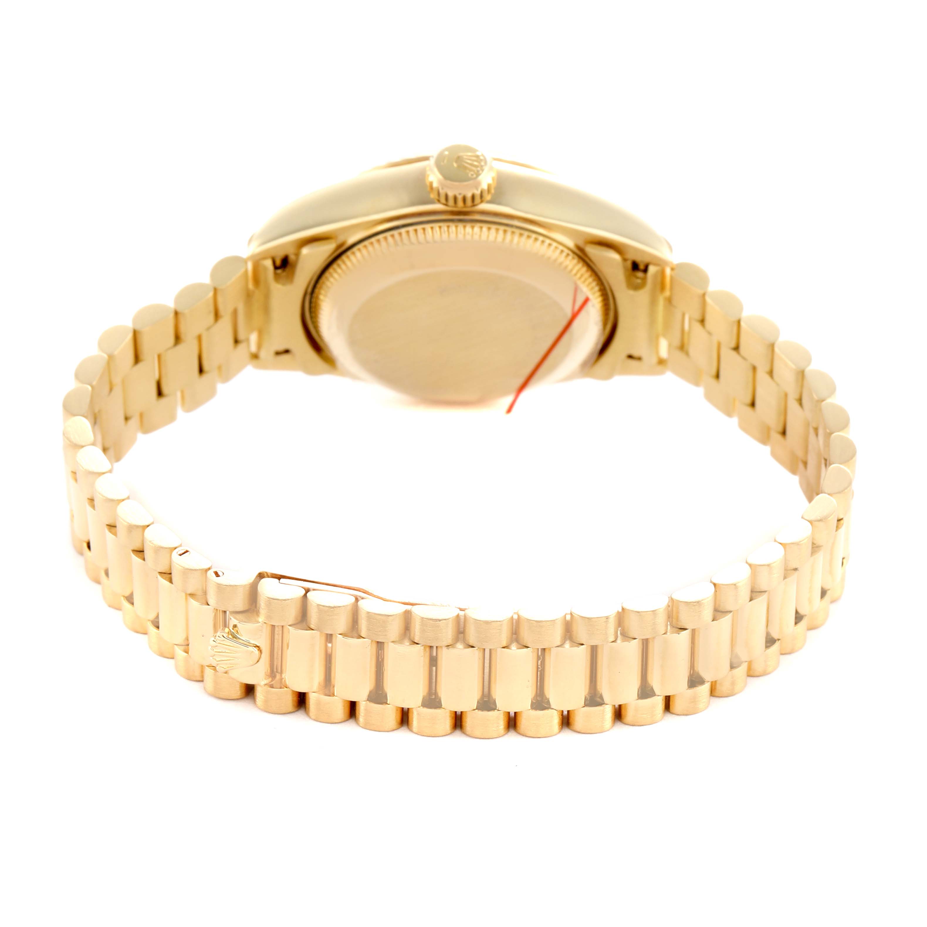 The image shows the back case and bracelet of a Rolex President 69178 Women's Yellow Gold Champagne Dial watch from a rear angle.