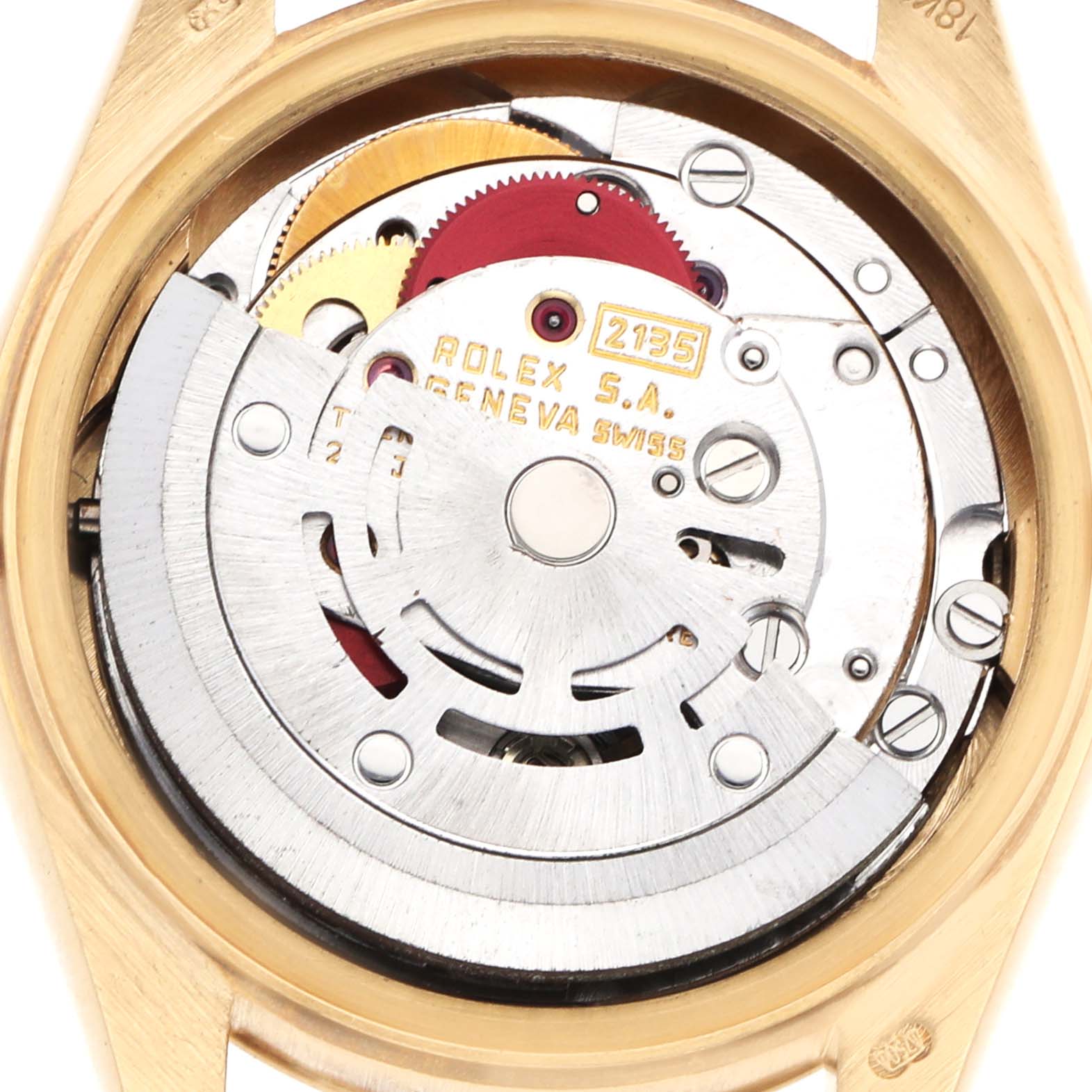 The image shows the movement mechanism of a Rolex President 69178 Women's Yellow Gold Champagne Dial model from a top-down angle.