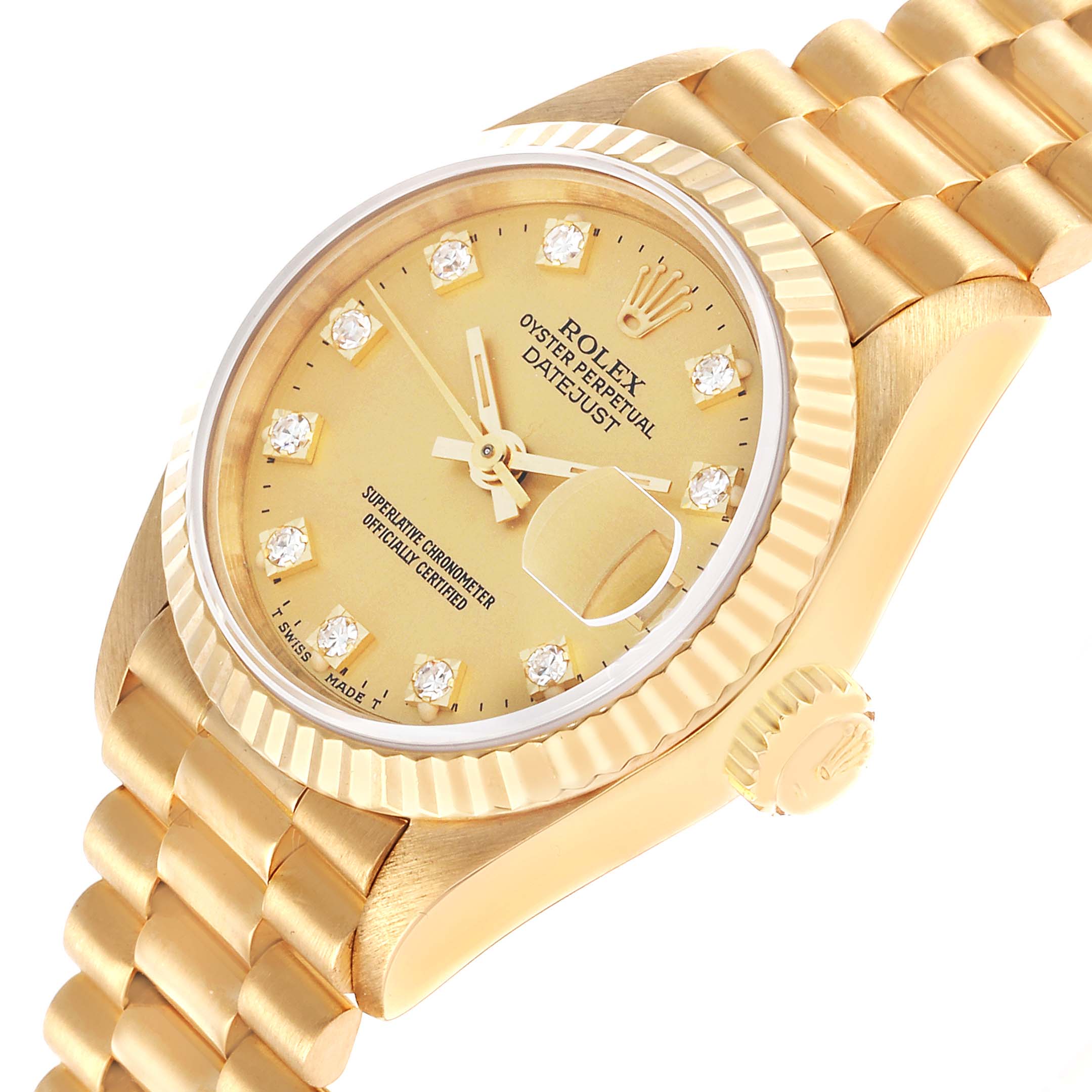 The Rolex President 69178 Women's Yellow Gold Champagne Dial watch is shown at an angle highlighting the gold bezel, dial, and part of the bracelet.