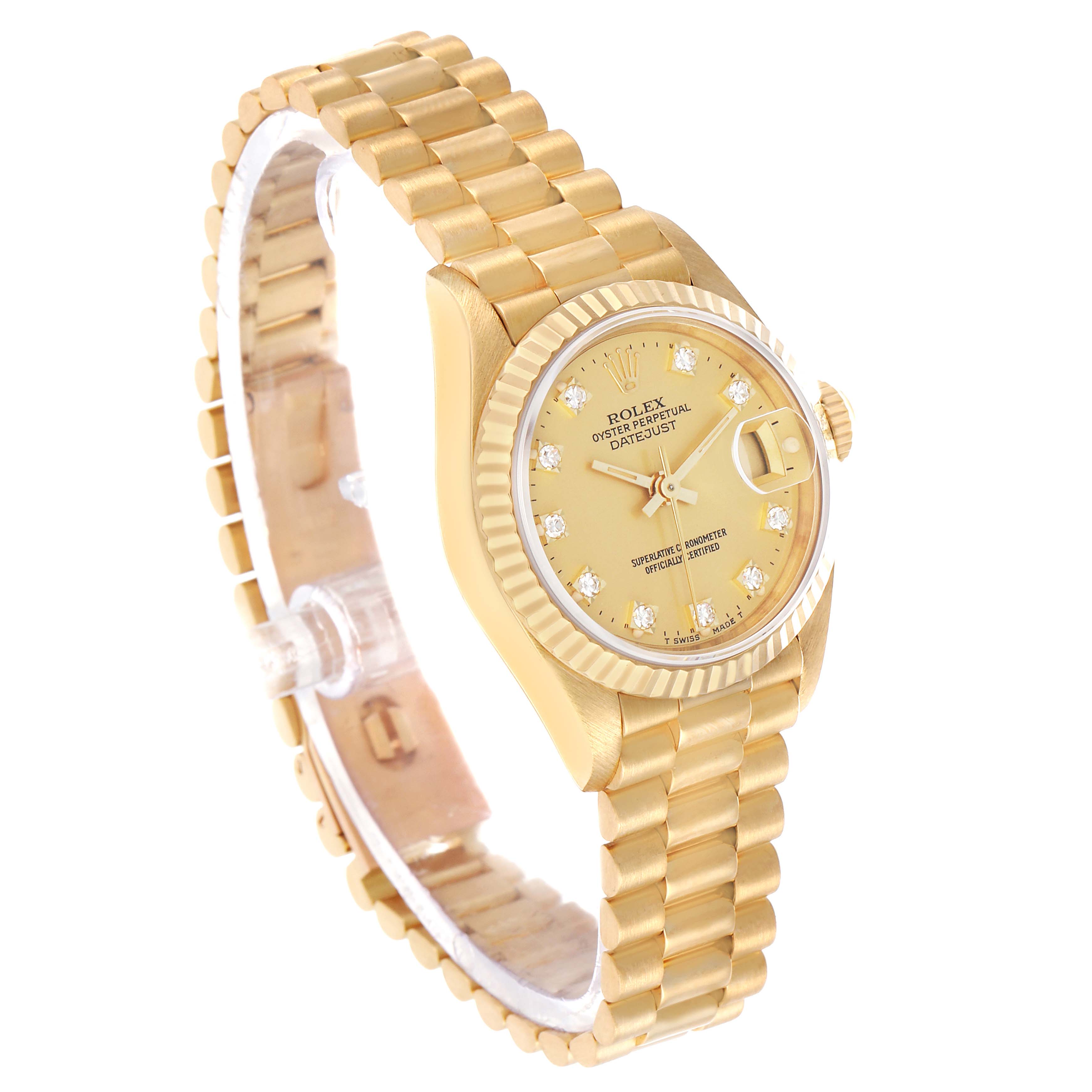 The Rolex President 69178 Women's Yellow Gold Champagne Dial model watch is shown at a slight angle, highlighting the bracelet, case, and diamond-accented dial.