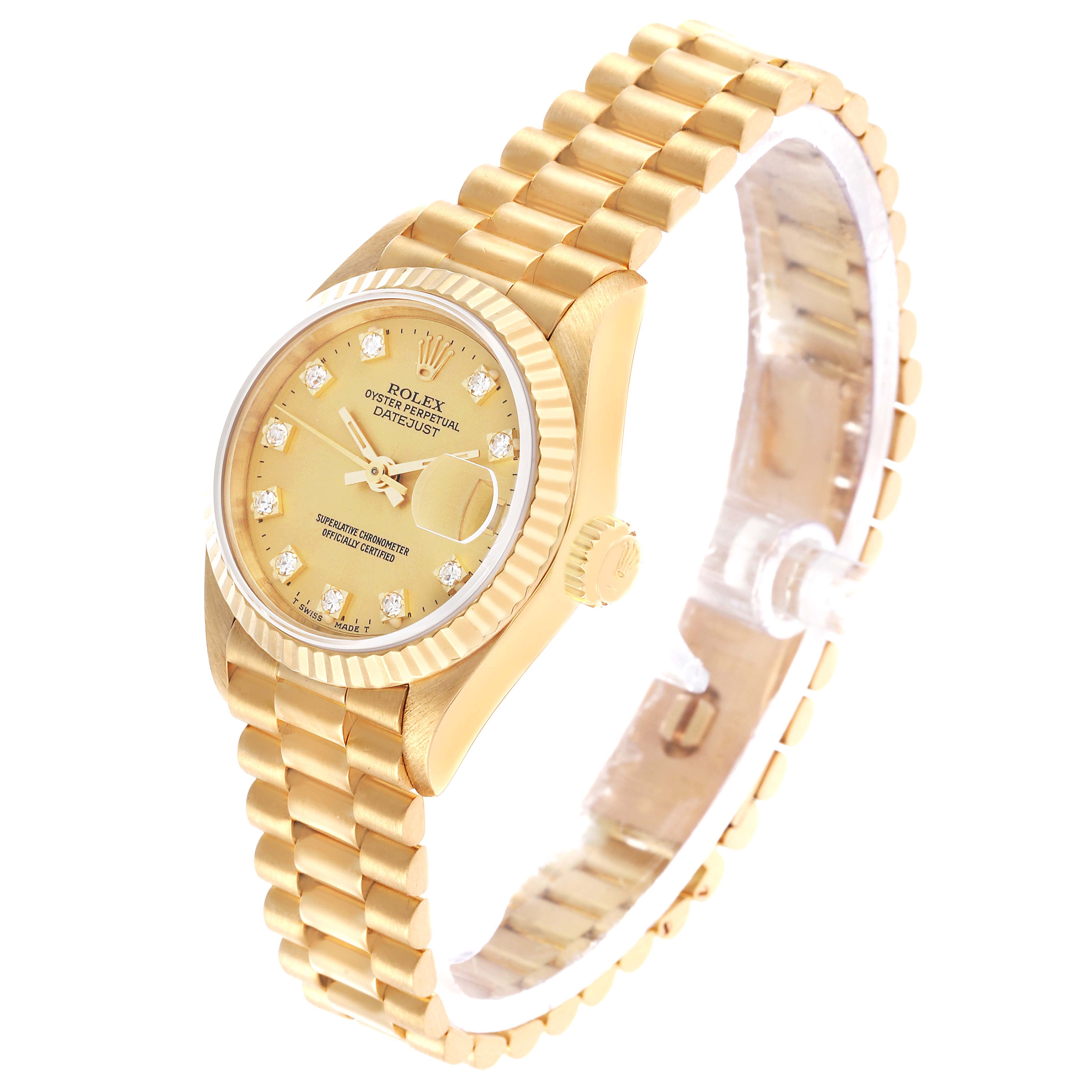 The Rolex President 69178 Women's Yellow Gold Champagne Dial watch is shown at a tilted angle focusing on the face, bezel, crown, and bracelet.