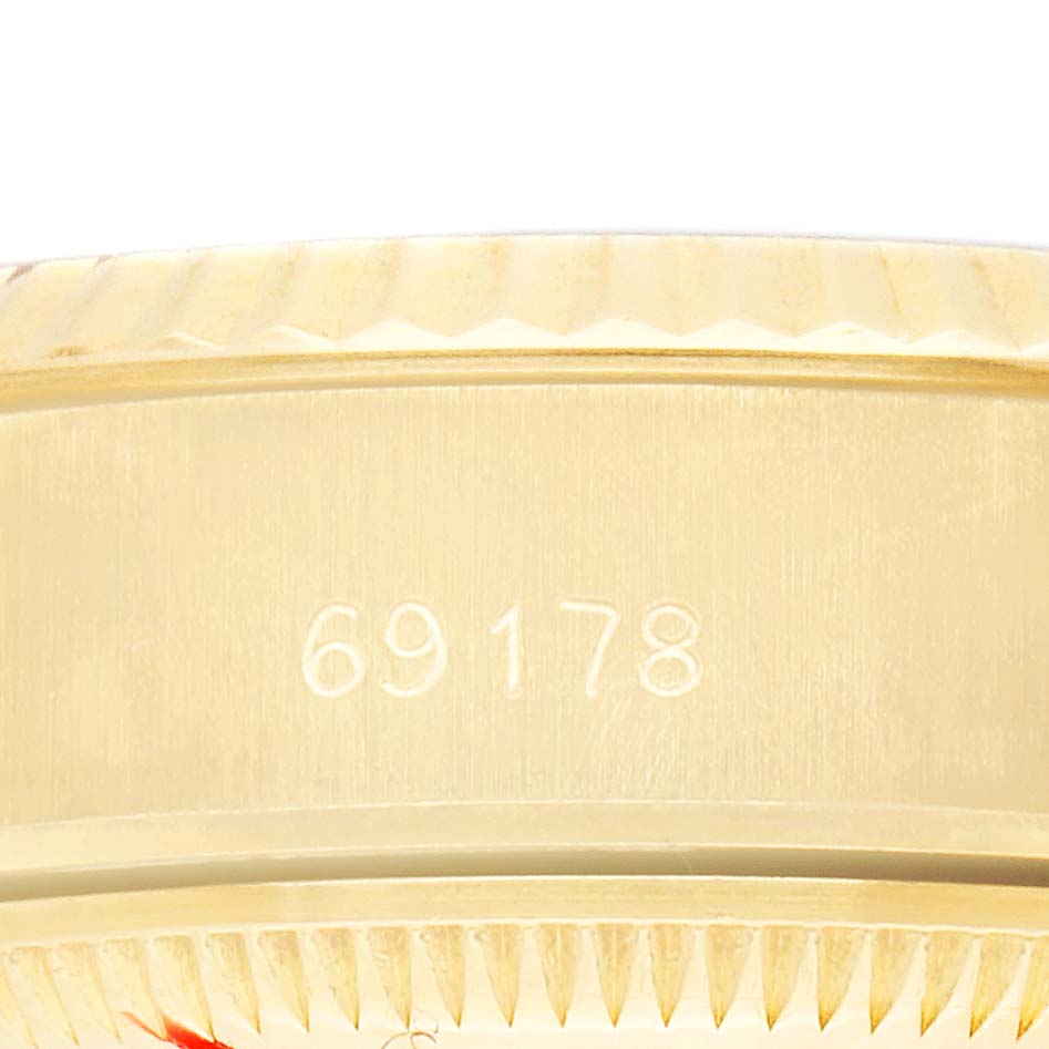 The image shows a close-up side view of the bezel and case edge of a Rolex President 69178 Women's Yellow Gold Champagne Dial model, displaying the model number 69178.