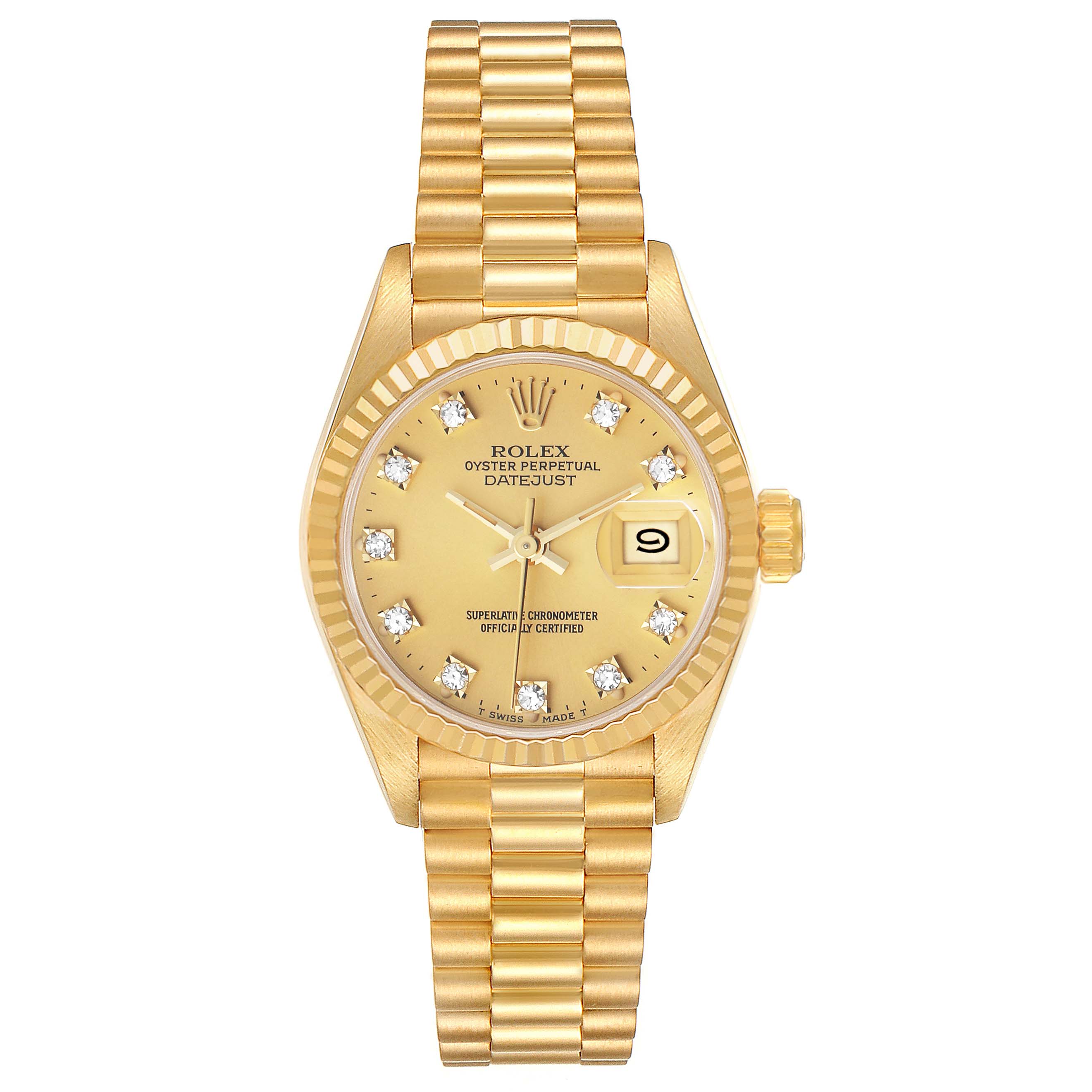 This Rolex President 69178 Women's Yellow Gold Champagne Dial model is shown from a top-down angle, highlighting its gold dial, fluted bezel, and President bracelet.