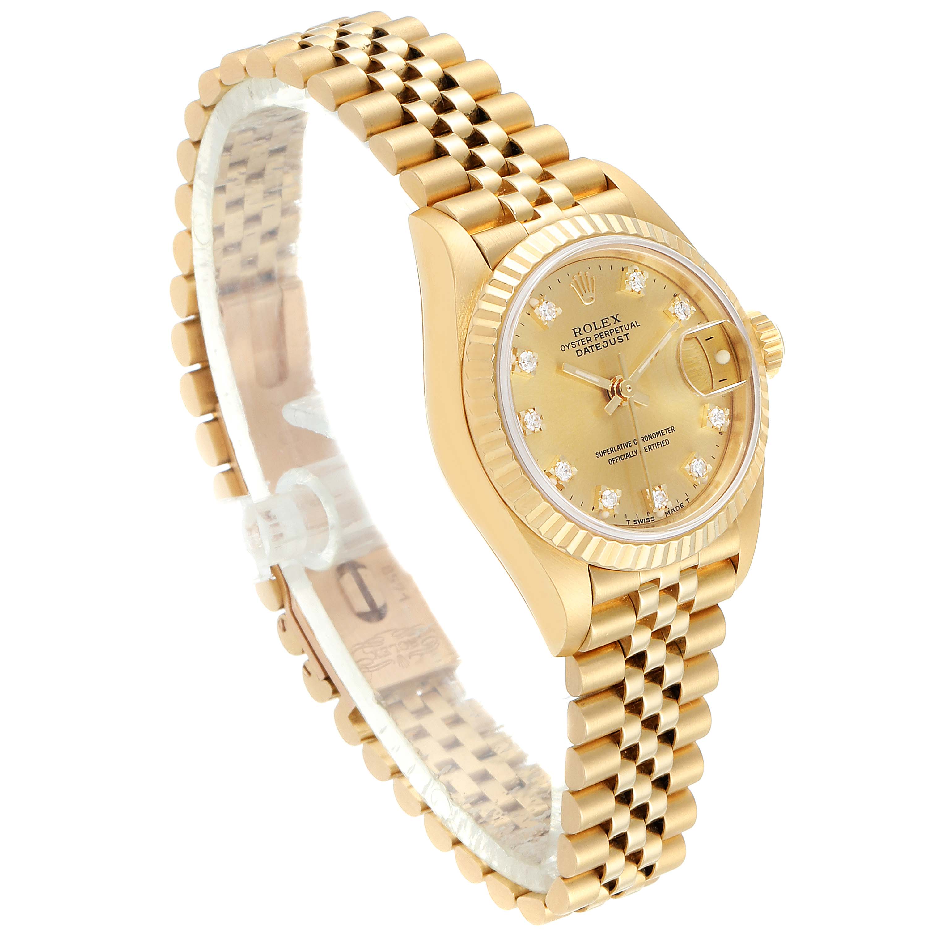 This image shows a Rolex President 69178 Women
s Yellow Gold Champagne Dial 69178 Women
s Yellow Gold Champagne Dial model watch at a left side angle highlighting the dial, bezel, bracelet, and crown.