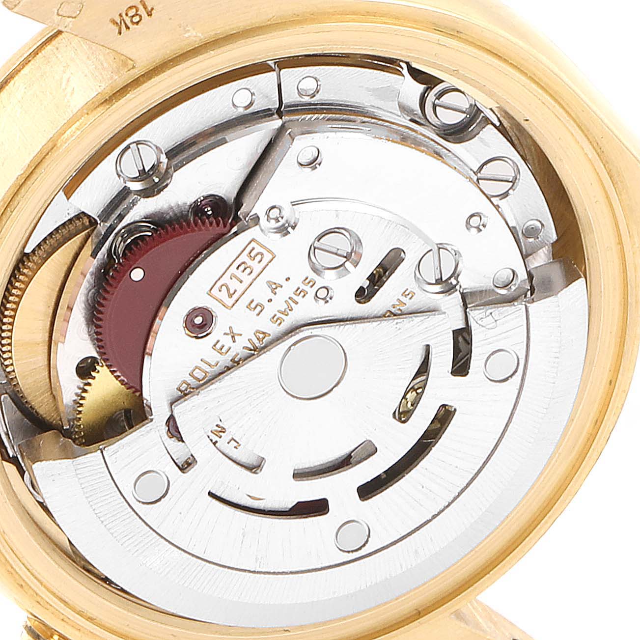 This image shows the internal mechanism of a Rolex President 69178 Women
s Yellow Gold Champagne Dial 69178 Women
s Yellow Gold Champagne Dial model, viewed from the back.
