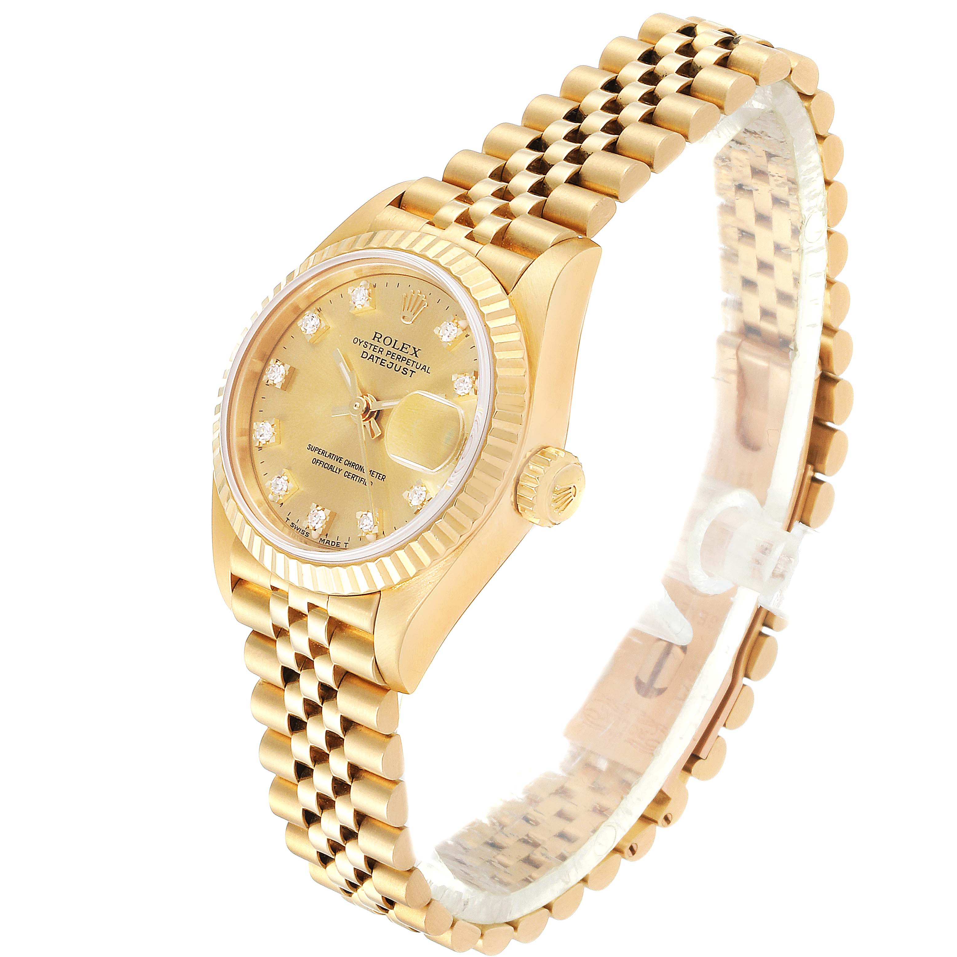 The Rolex President 69178 Women
s Yellow Gold Champagne Dial 69178 Women
s Yellow Gold Champagne Dial model watch is shown in a side angle, showcasing its gold bracelet, case, and dial with diamond hour markers.
