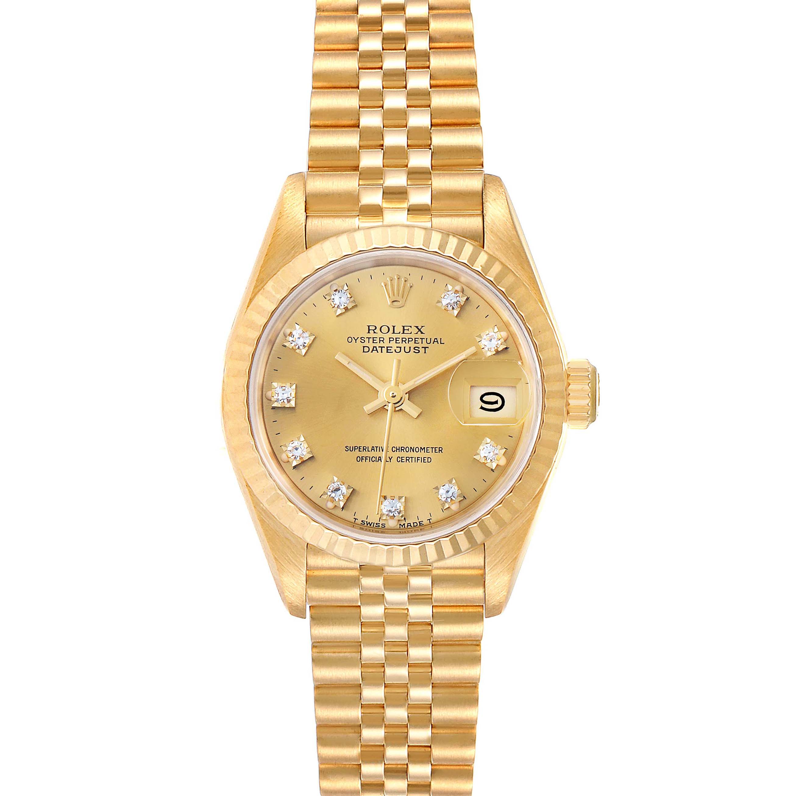 The Rolex President 69178 Women
s Yellow Gold Champagne Dial 69178 Women
s Yellow Gold Champagne Dial model is shown in a frontal angle, displaying the dial, bezel, bracelet, and date window.