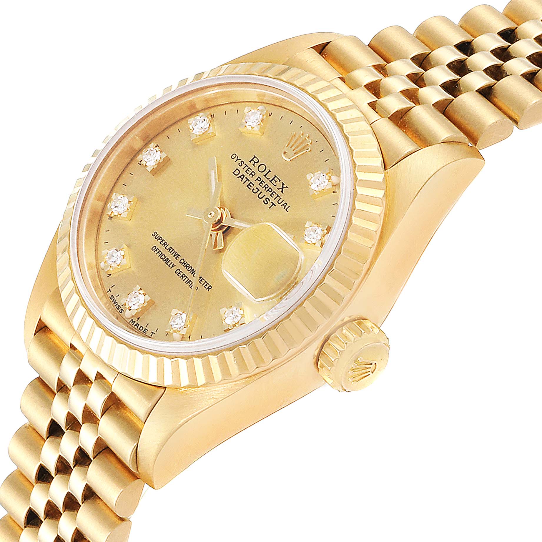 The image shows a close-up angle of a Rolex President 69178 Women
s Yellow Gold Champagne Dial 69178 Women
s Yellow Gold Champagne Dial model watch, featuring its gold dial, bracelet, and fluted bezel.