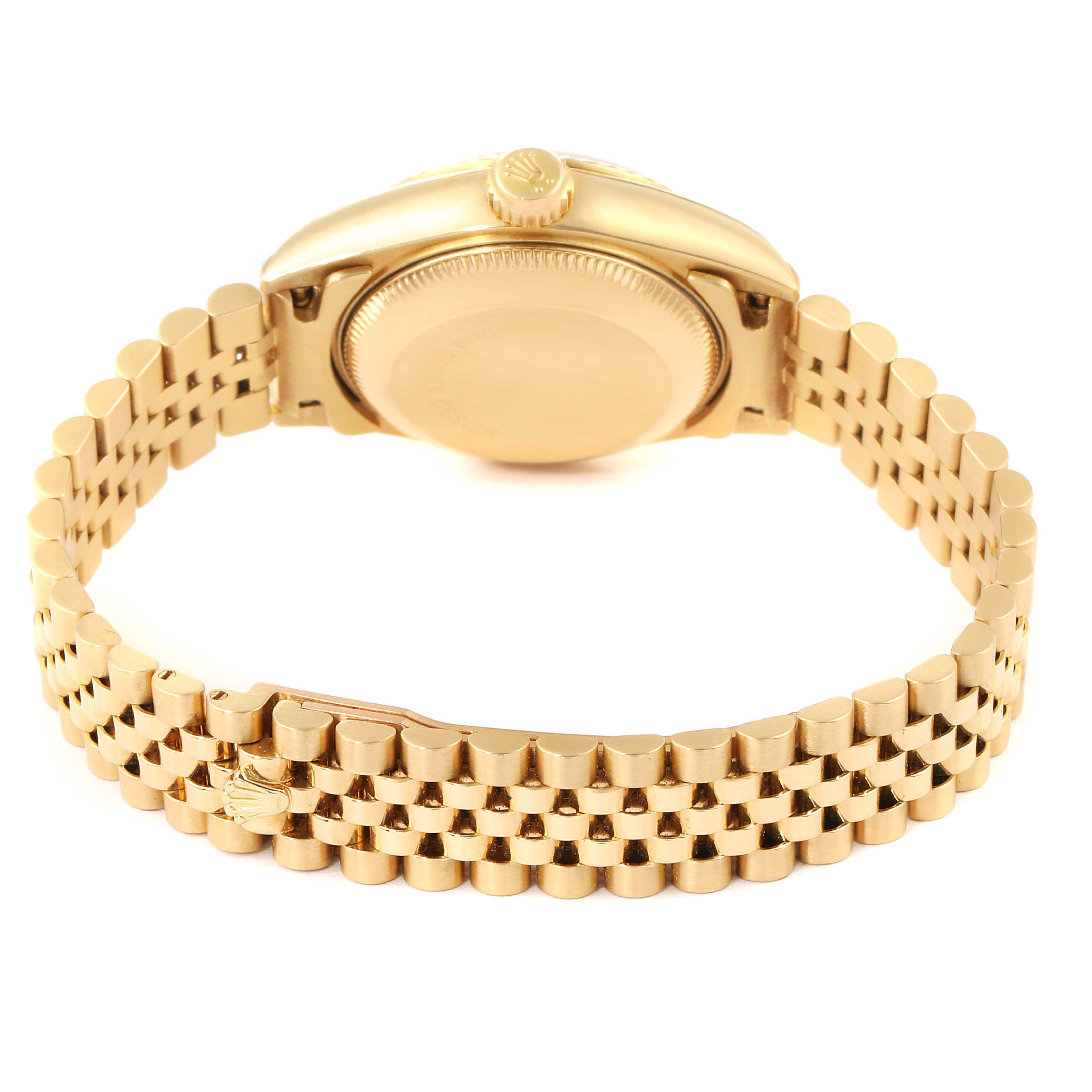 The image shows the back and side view of a Rolex President 69178 Women
s Yellow Gold Champagne Dial 69178 Women
s Yellow Gold Champagne Dial model watch, highlighting the case back and bracelet.