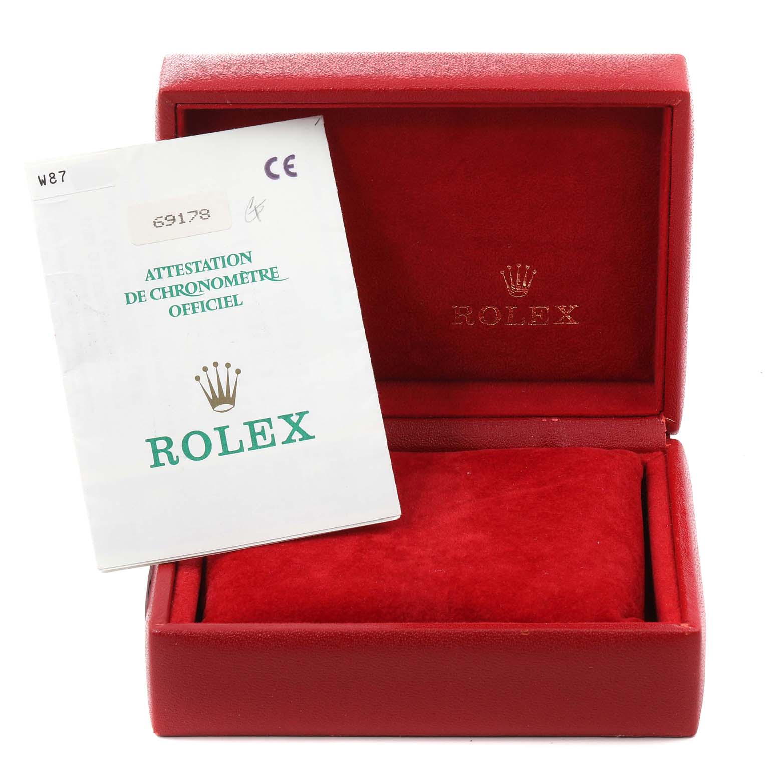 The image shows the packaging and certification for a Rolex President 69178 Women's Yellow Gold Champagne Dial 69178 Women's Yellow Gold Champagne Dial model watch.