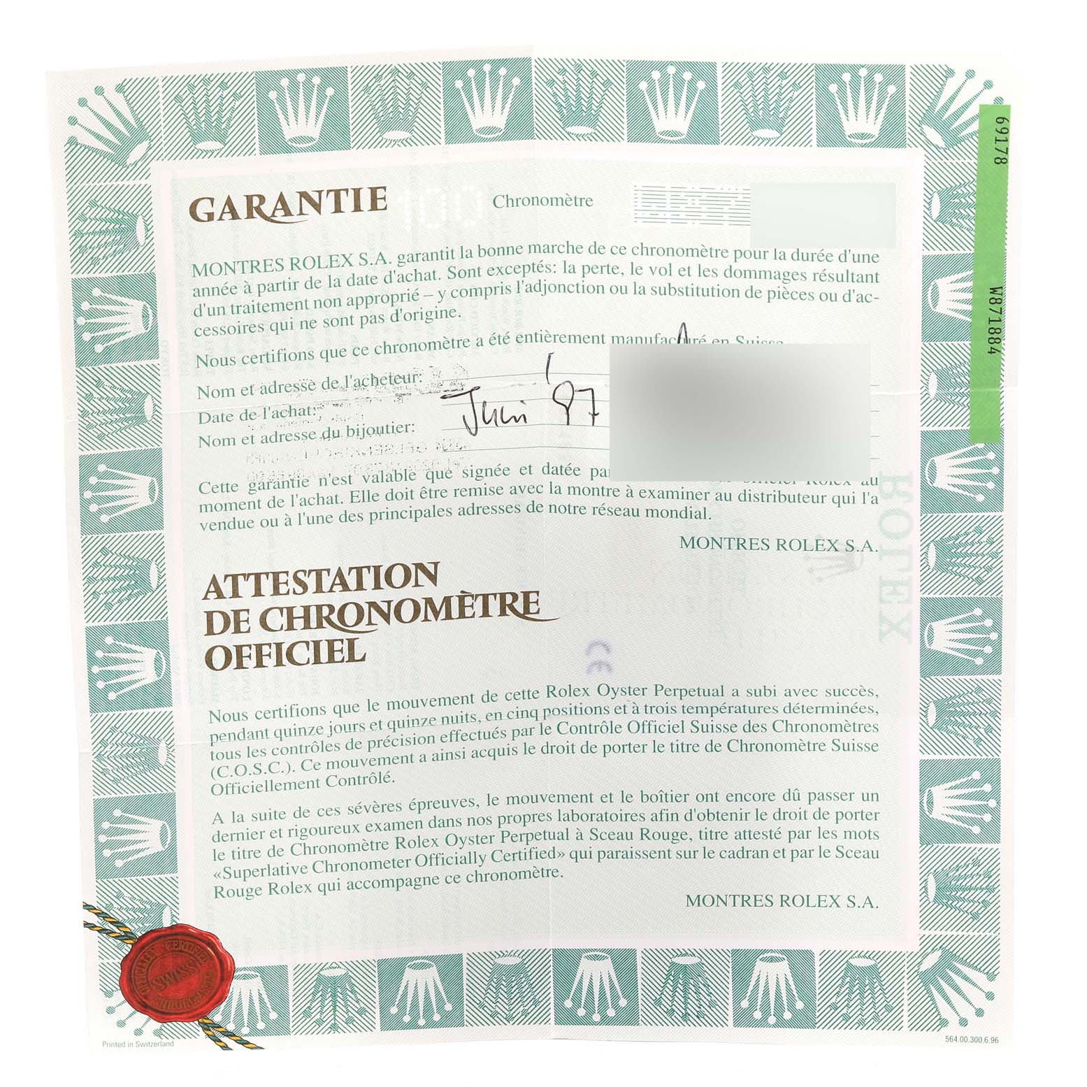 The image shows a certificate of guarantee and official chronometer certification for the President model by Rolex.
