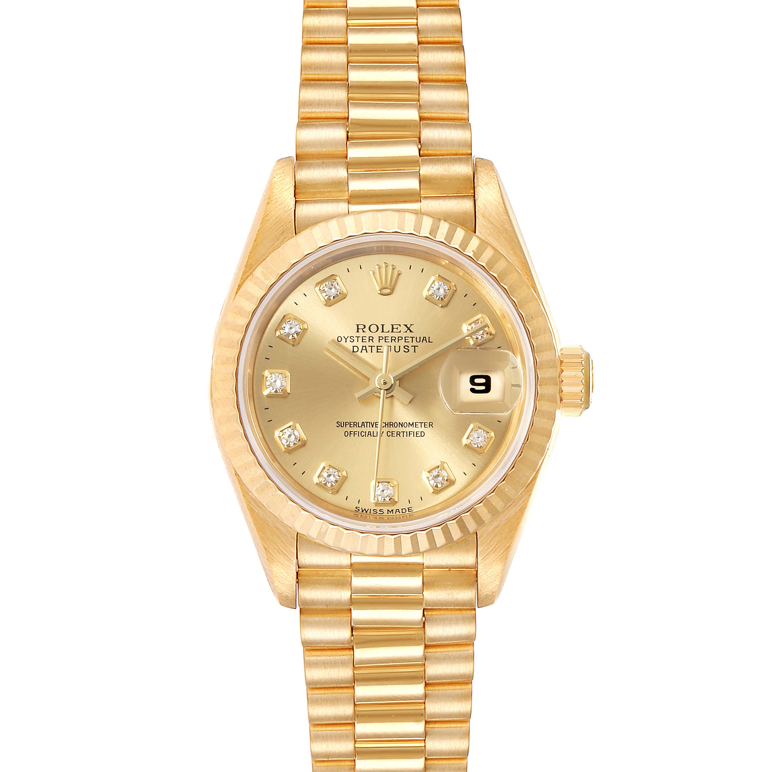 The image shows a Rolex President 69178 Women's Yellow Gold Champagne Dial 69178 Women's Yellow Gold Champagne Dial model watch from a front view, featuring a gold band and diamond hour markers on the dial.