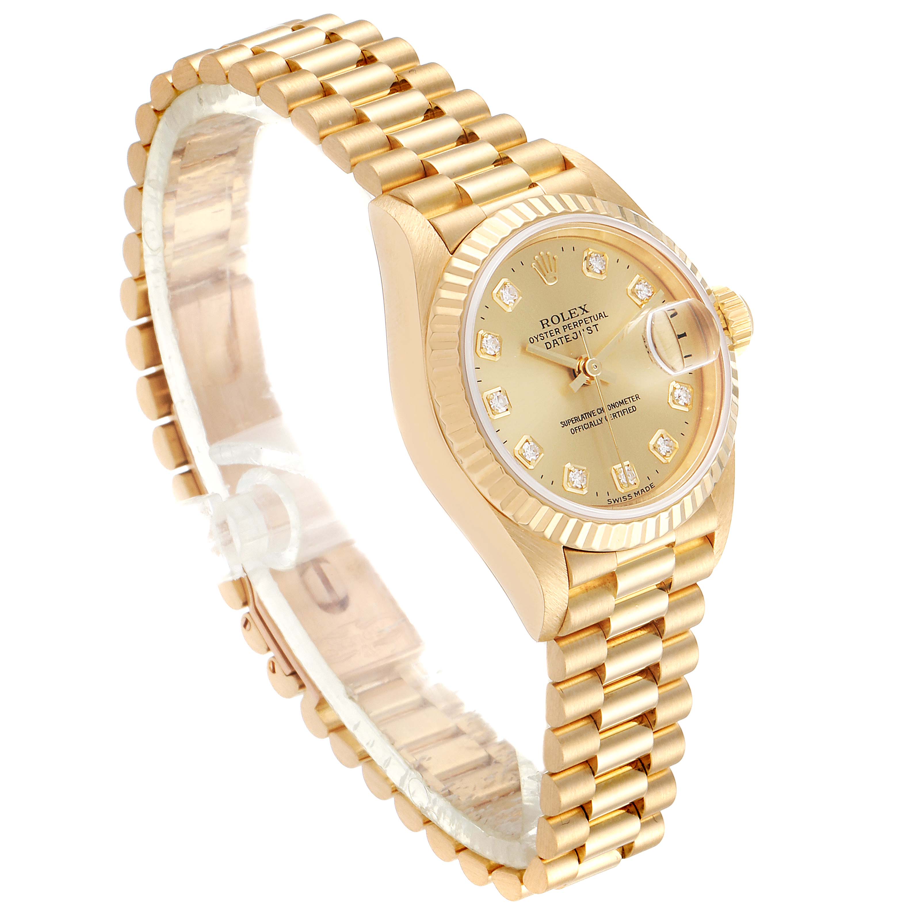This image shows a side-angle view of a Rolex President 69178 Women's Yellow Gold Champagne Dial 69178 Women's Yellow Gold Champagne Dial model watch, highlighting the strap, face, and case.