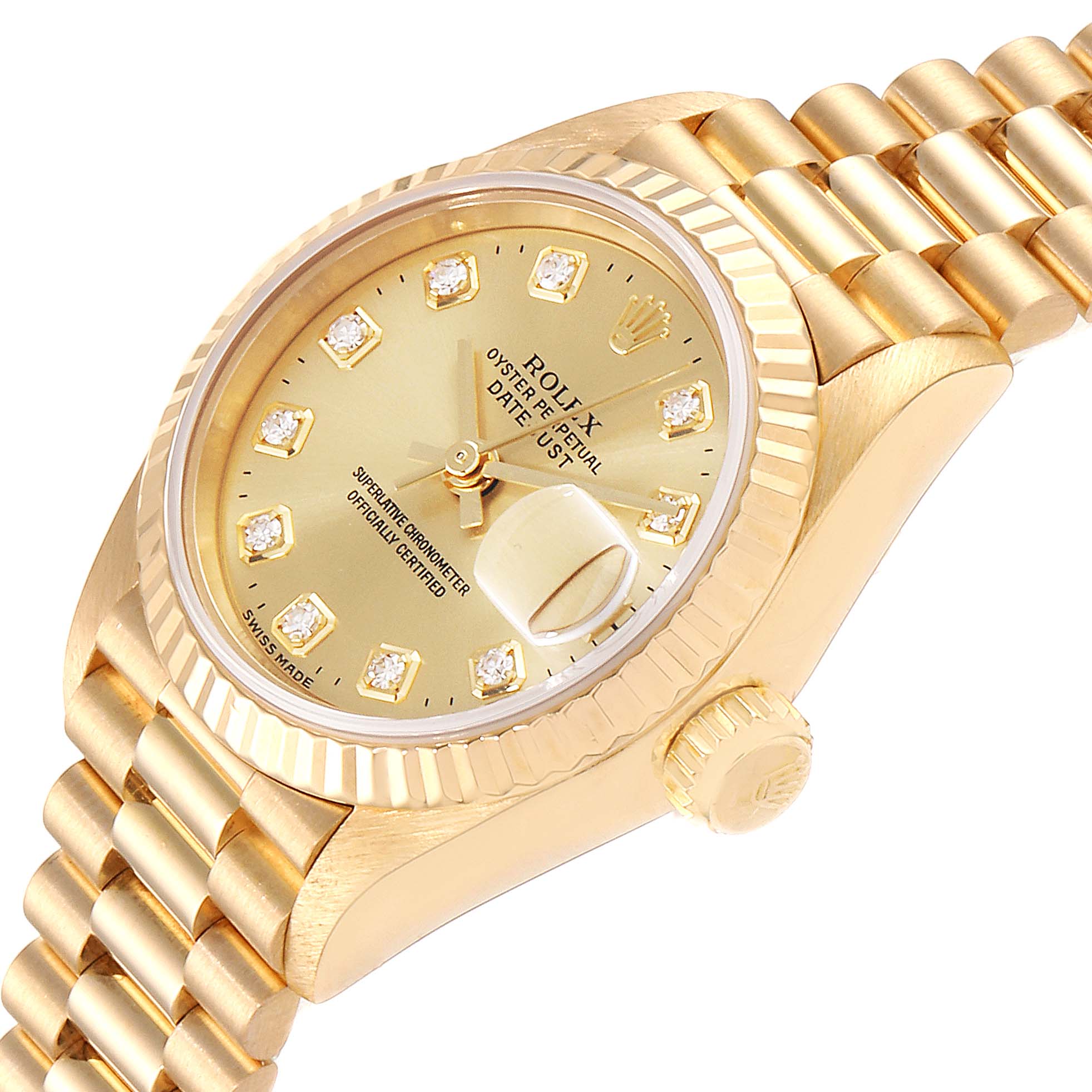 This image shows a Rolex President 69178 Women's Yellow Gold Champagne Dial 69178 Women's Yellow Gold Champagne Dial model watch, showcasing the dial, bezel, crown, and part of the bracelet at an oblique angle.