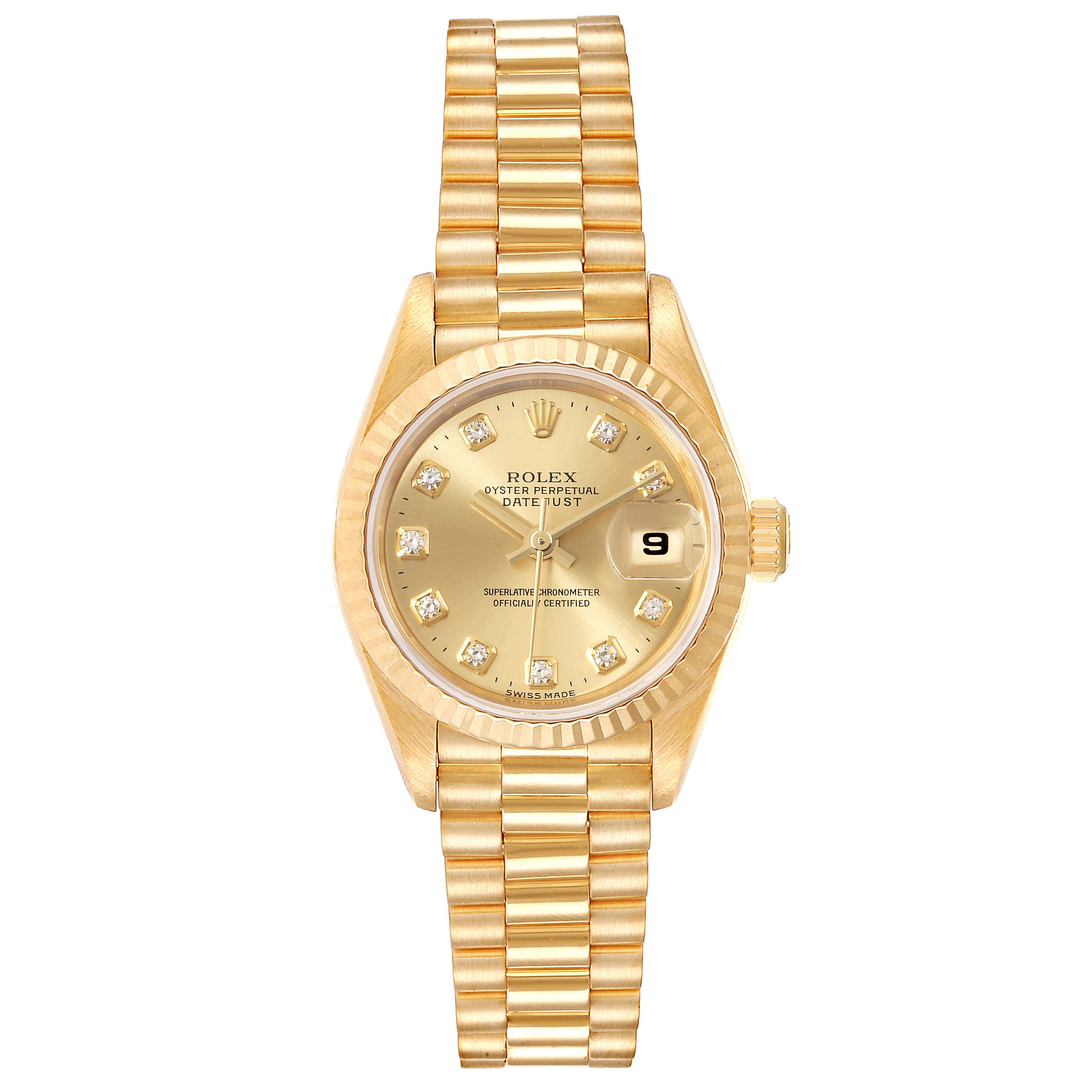 The image shows a front view of the Rolex President 69178 Women's Yellow Gold Champagne Dial 69178 Women's Yellow Gold Champagne Dial model watch with its gold band and diamond-studded dial.