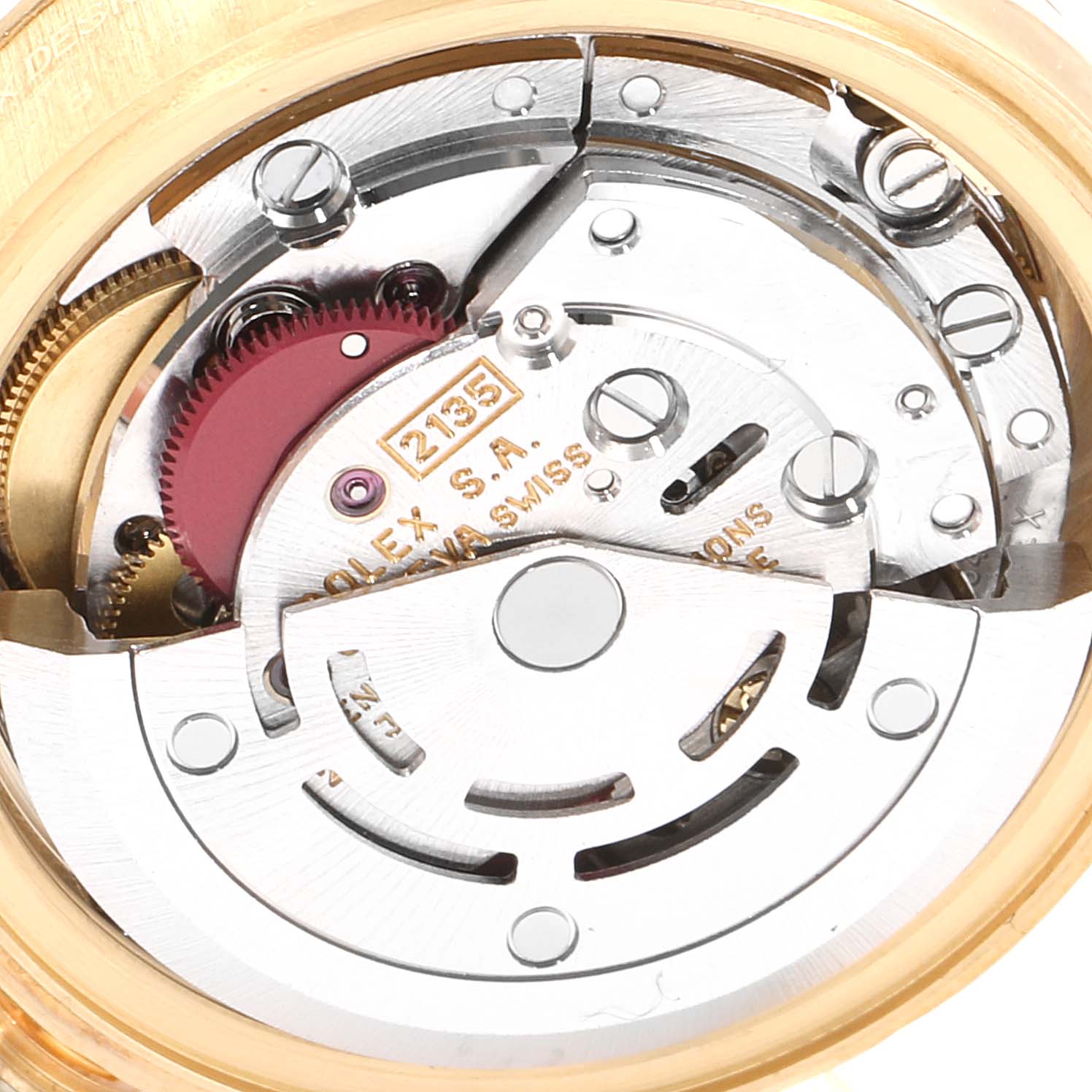 This image shows a close-up of the movement mechanism inside a Rolex President 69178 Women's Yellow Gold Champagne Dial 69178 Women's Yellow Gold Champagne Dial model watch.