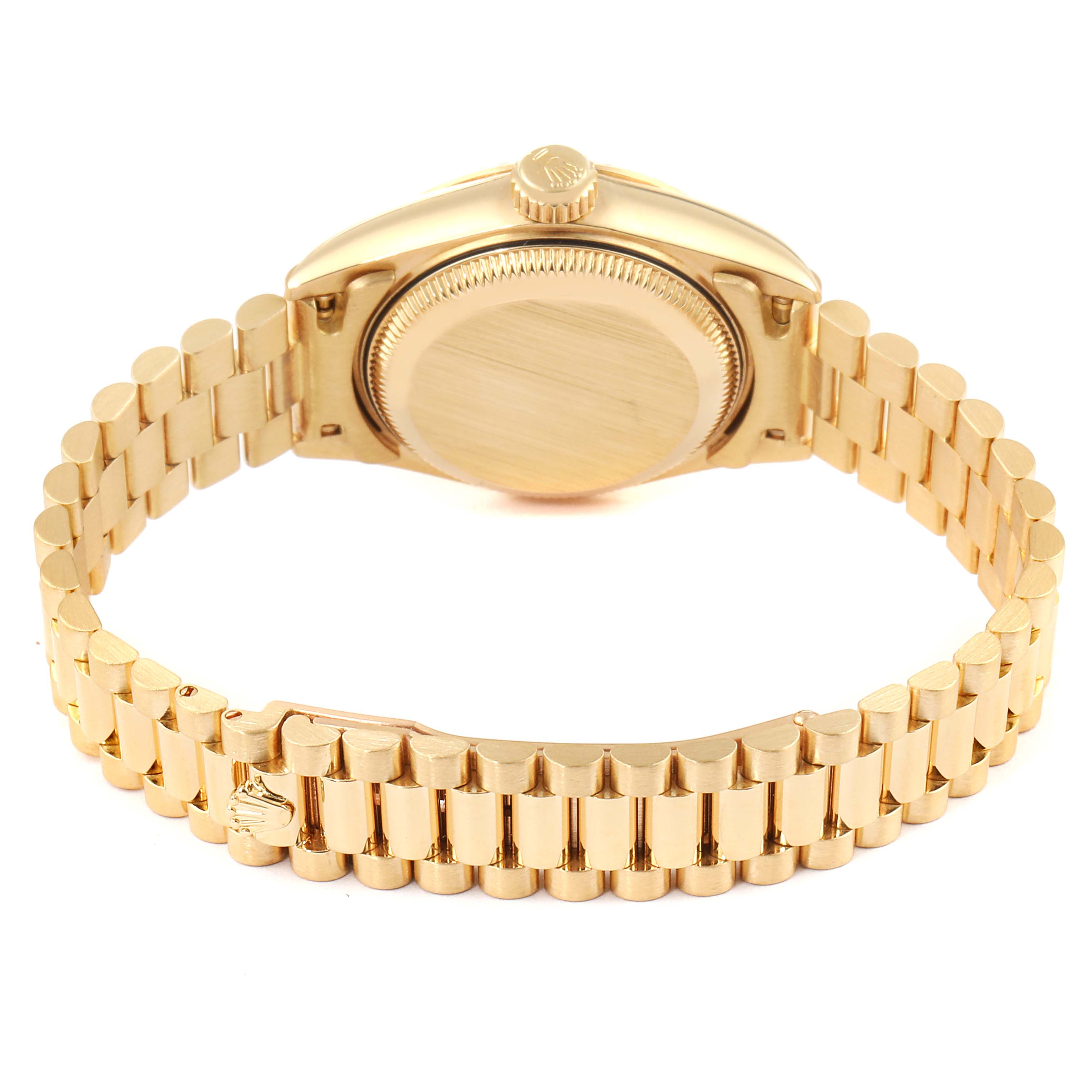 The image shows the back and band of a Rolex President 69178 Women's Yellow Gold Champagne Dial 69178 Women's Yellow Gold Champagne Dial model watch from a rear angle.