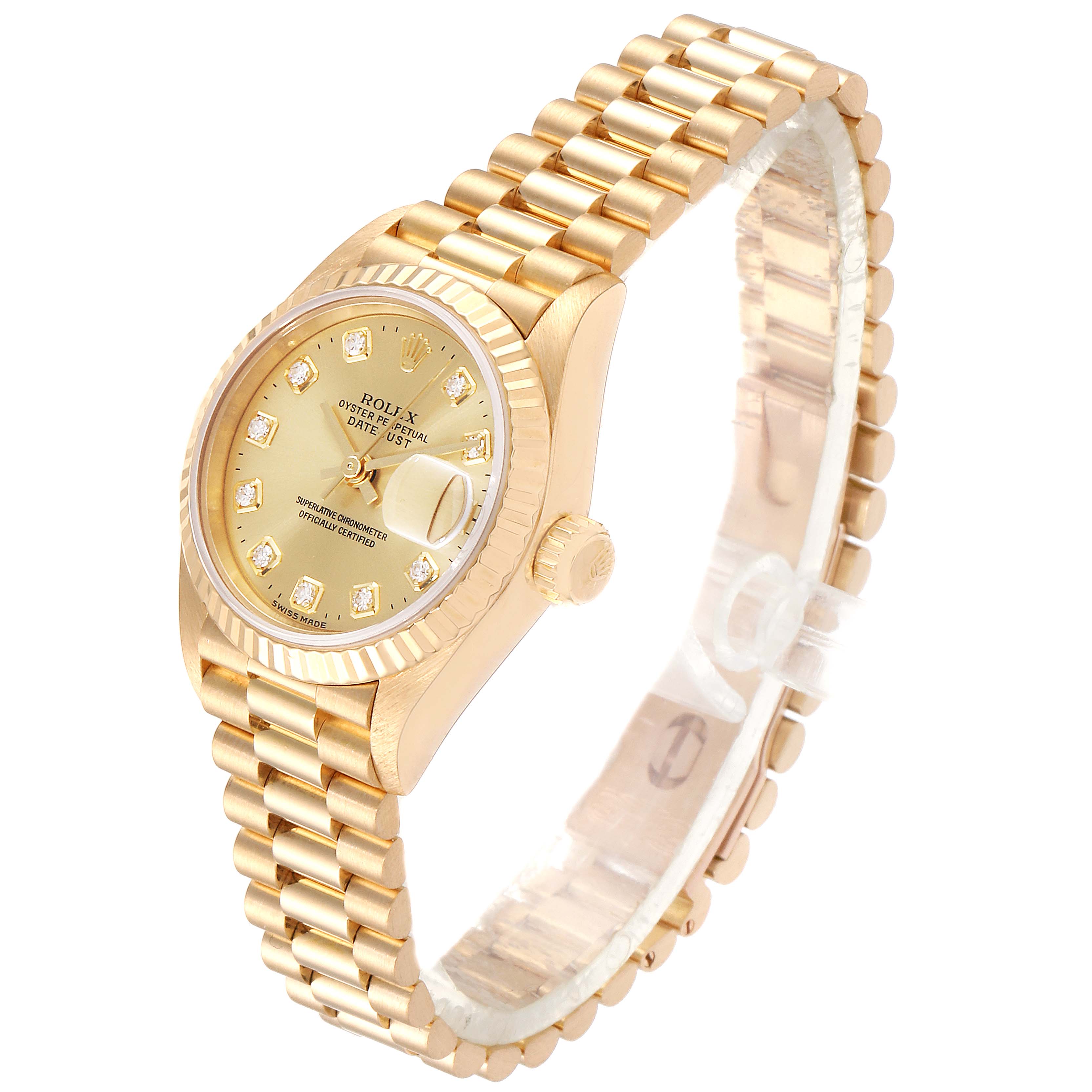 The image shows an angled view of the Rolex President 69178 Women's Yellow Gold Champagne Dial 69178 Women's Yellow Gold Champagne Dial model watch, highlighting the gold case, bracelet, and diamond-accented dial.