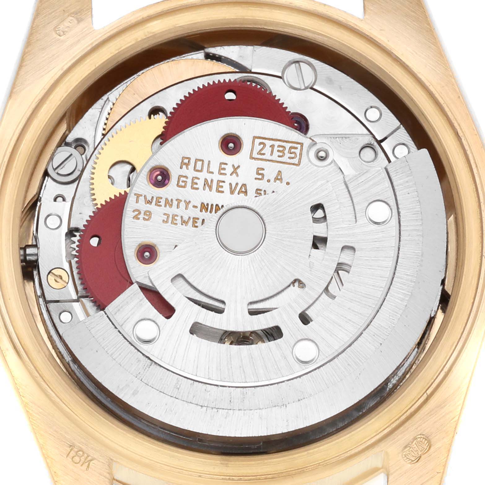 The image shows the back view of a Rolex Datejust 69178 Women's Yellow Gold Champagne Dial, focusing on its exposed movement and mechanical parts.