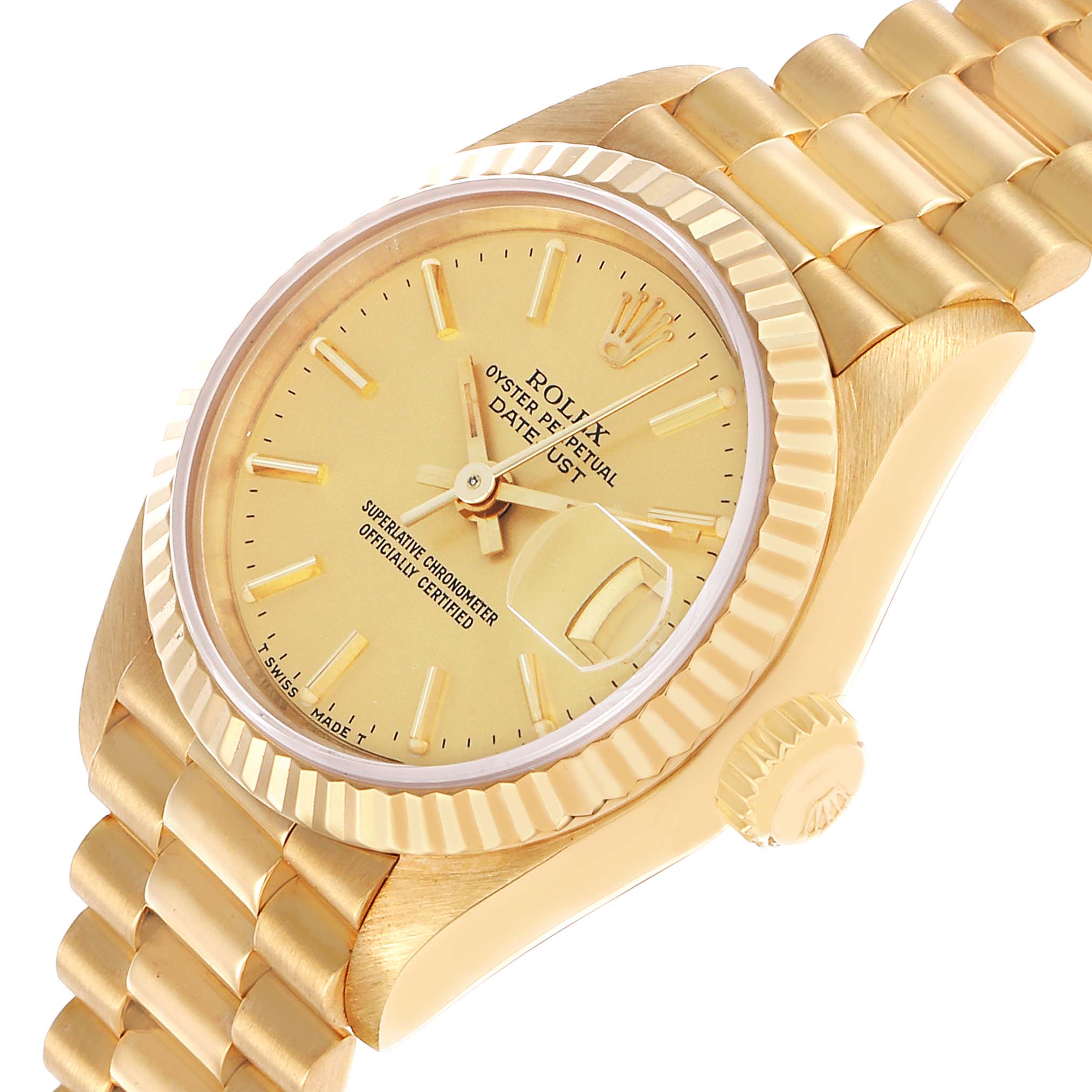 The Rolex Datejust 69178 Women's Yellow Gold Champagne Dial watch is shown at an angled view, highlighting the dial, fluted bezel, crown, and bracelet.