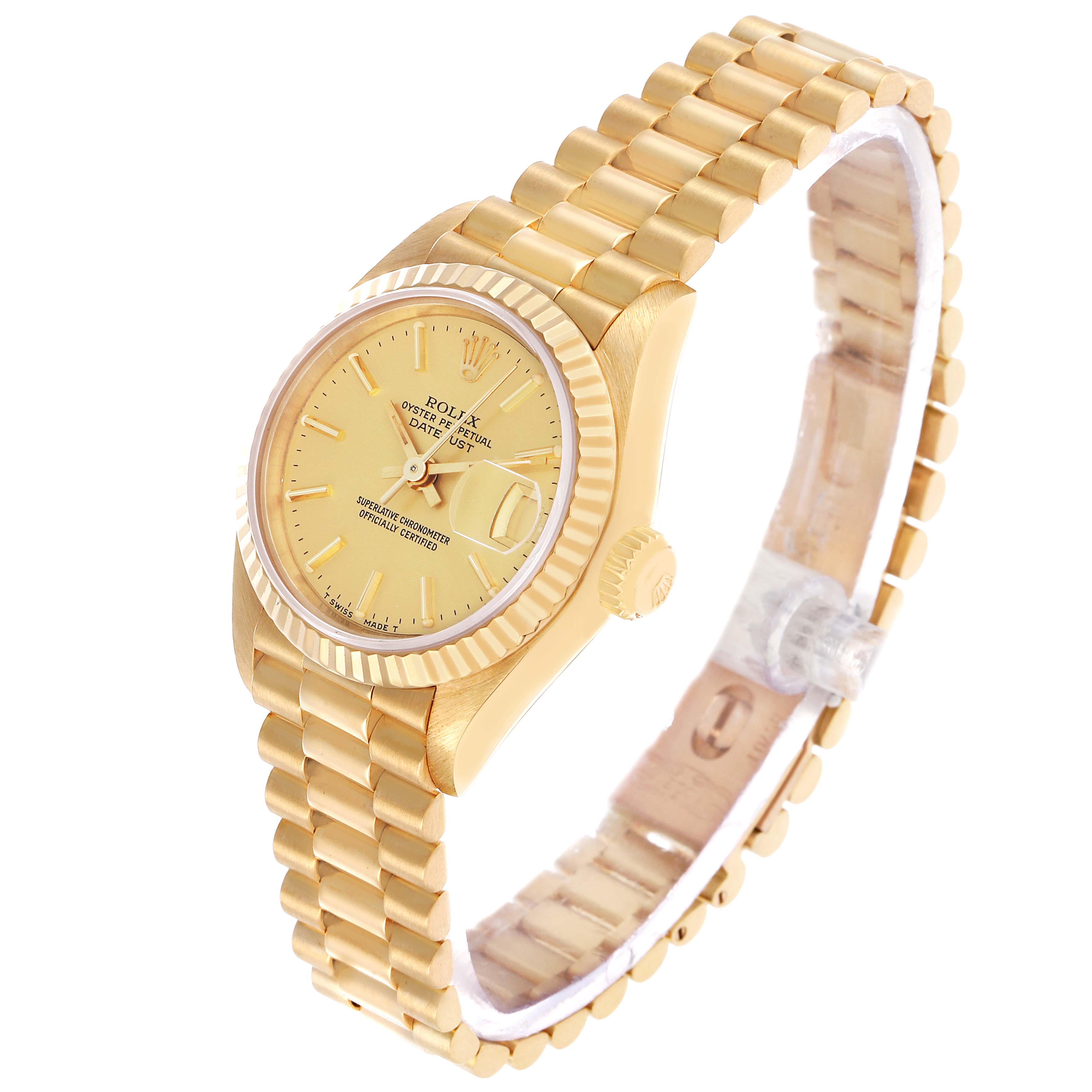 The Rolex Datejust 69178 Women's Yellow Gold Champagne Dial watch is shown at a three-quarter angle, highlighting the dial, bezel, and bracelet.