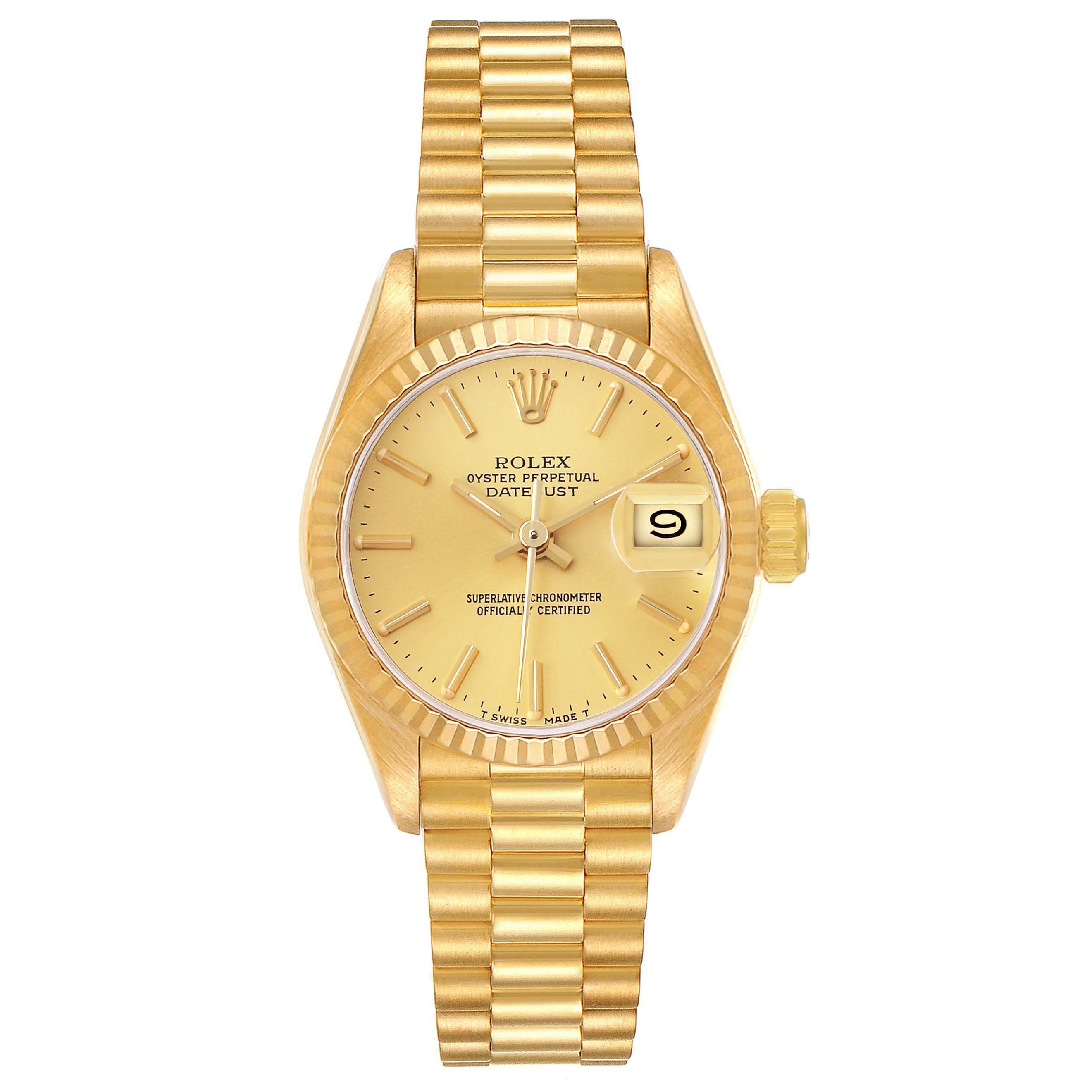 The Rolex Datejust 69178 Women's Yellow Gold Champagne Dial watch is shown from a top-down angle, highlighting its gold bracelet, dial, and fluted bezel.