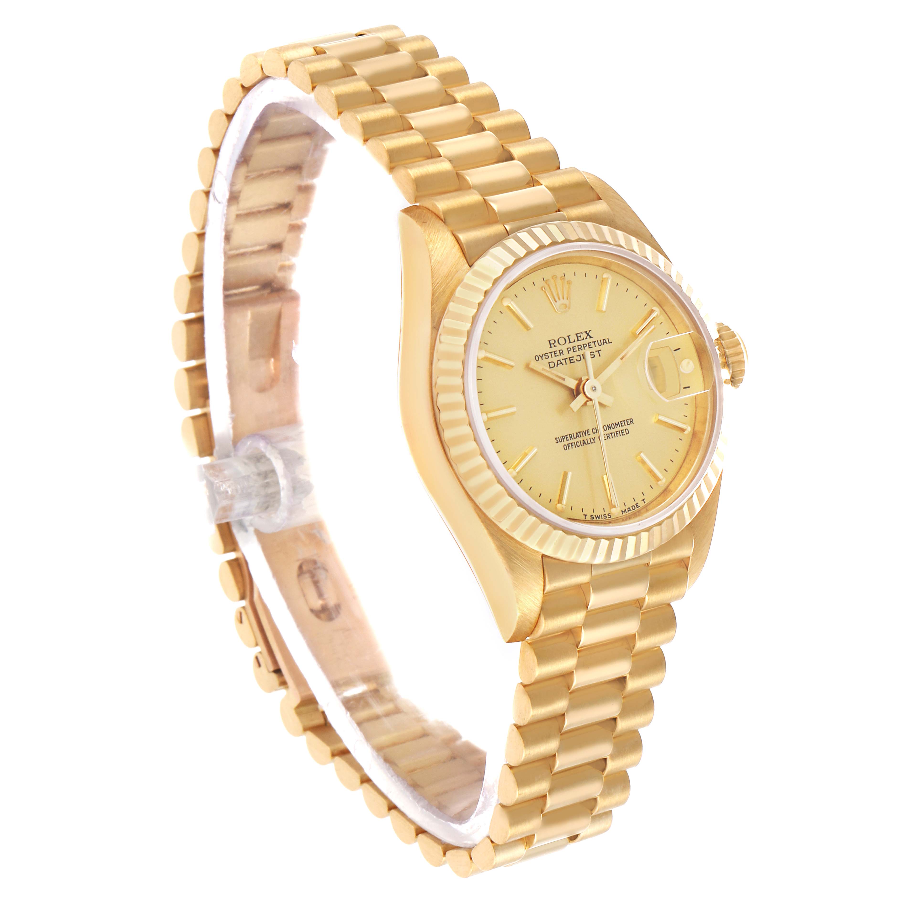 The Rolex Datejust 69178 Women's Yellow Gold Champagne Dial is shown at a three-quarter angle, highlighting the gold case, fluted bezel, and jubilee bracelet.