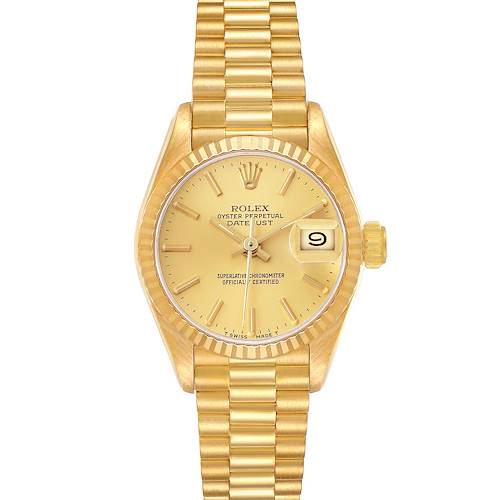 The Rolex Datejust 69178 Women's Yellow Gold Champagne Dial watch is shown from a top-down angle, displaying the full dial, bezel, and bracelet clearly.