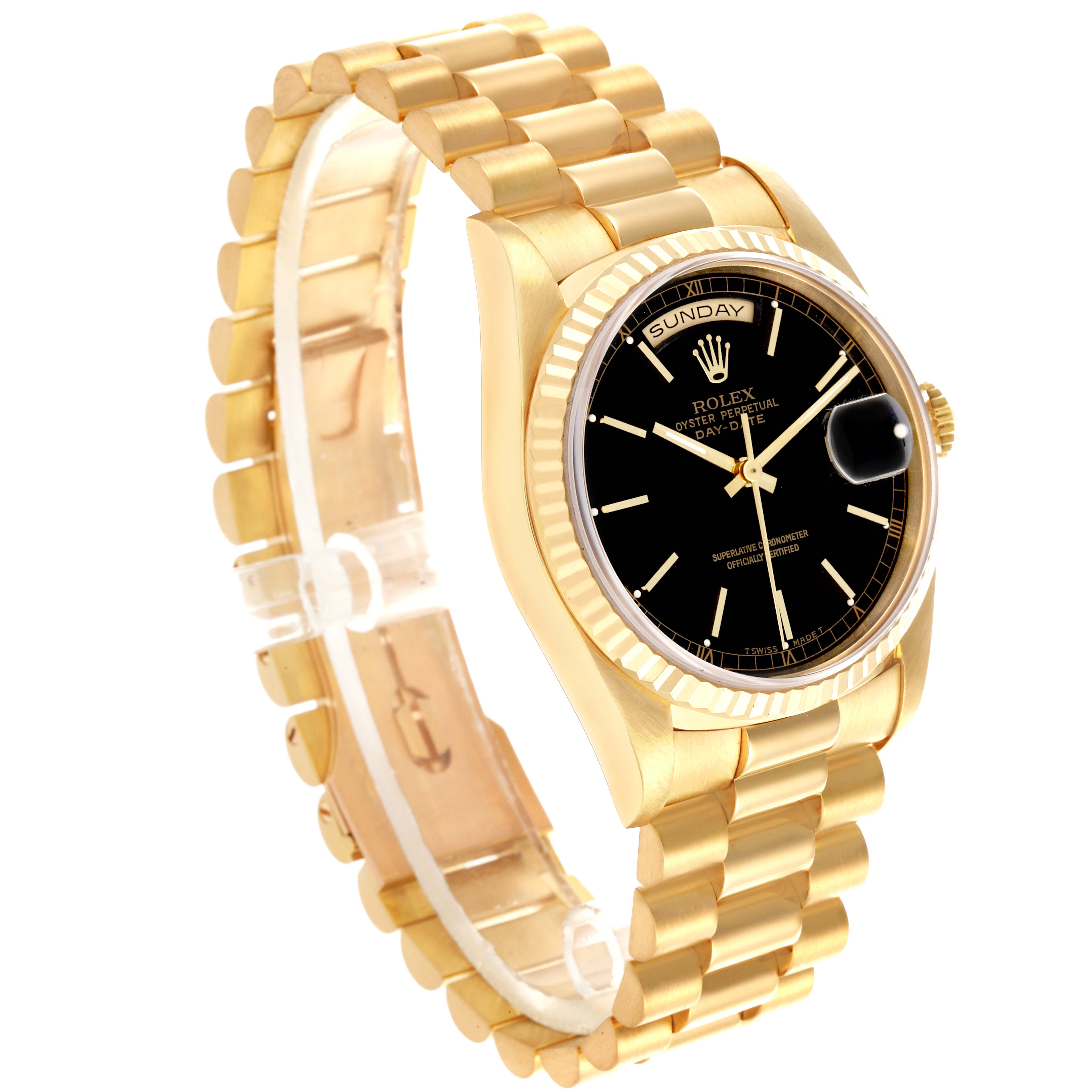 The Rolex President 18238 Men's Yellow Gold Black Dial 18238 Men's Yellow Gold Black Dial model is shown from an angled front view, highlighting the black dial, fluted bezel, and gold bracelet.