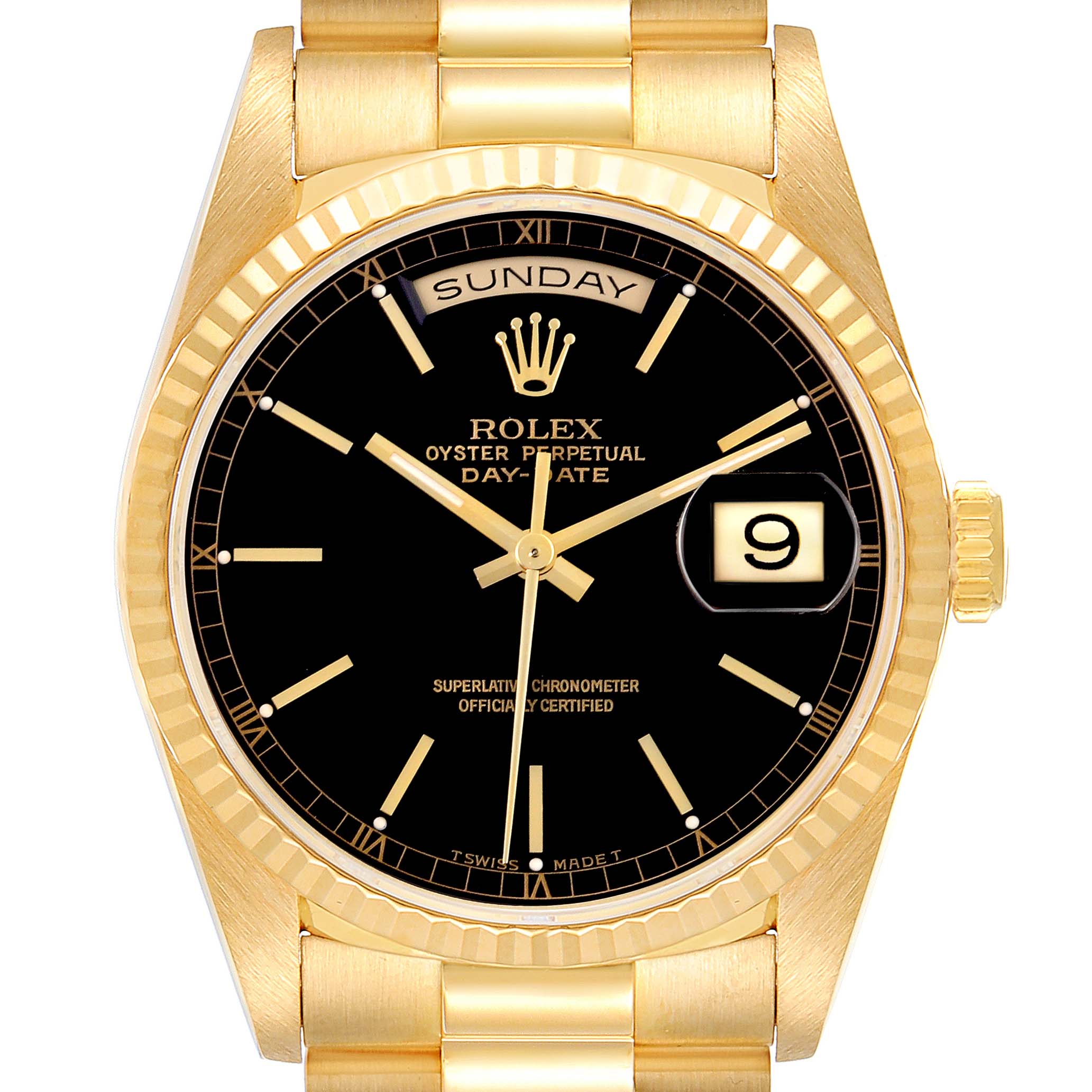 The Rolex President 18238 Men's Yellow Gold Black Dial 18238 Men's Yellow Gold Black Dial model watch is shown from a top-down angle, displaying its black dial, day-date feature, and gold bracelet.