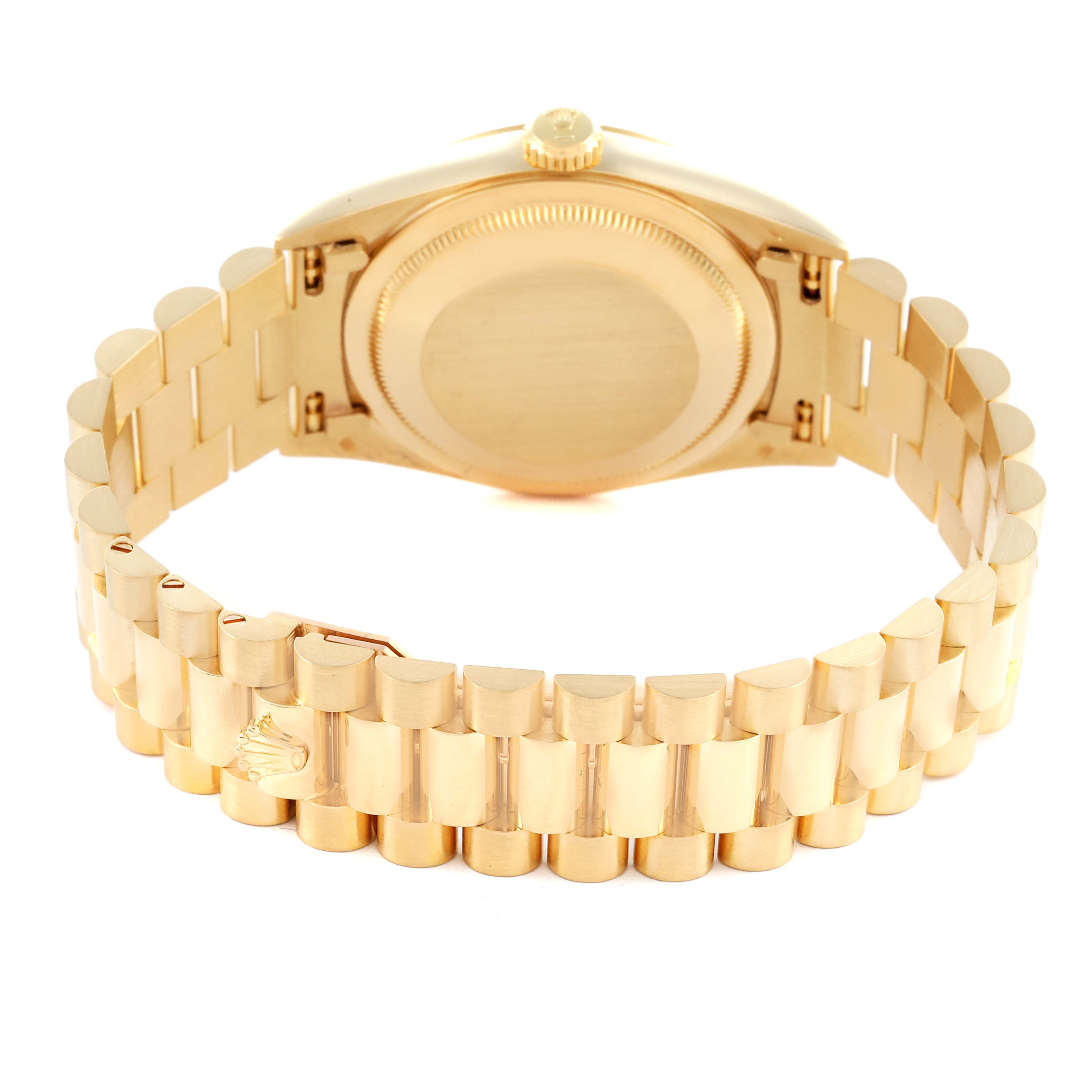 The image shows the back and bracelet of a Rolex President 18238 Men's Yellow Gold Black Dial 18238 Men's Yellow Gold Black Dial model, highlighting its gold links and clasp.