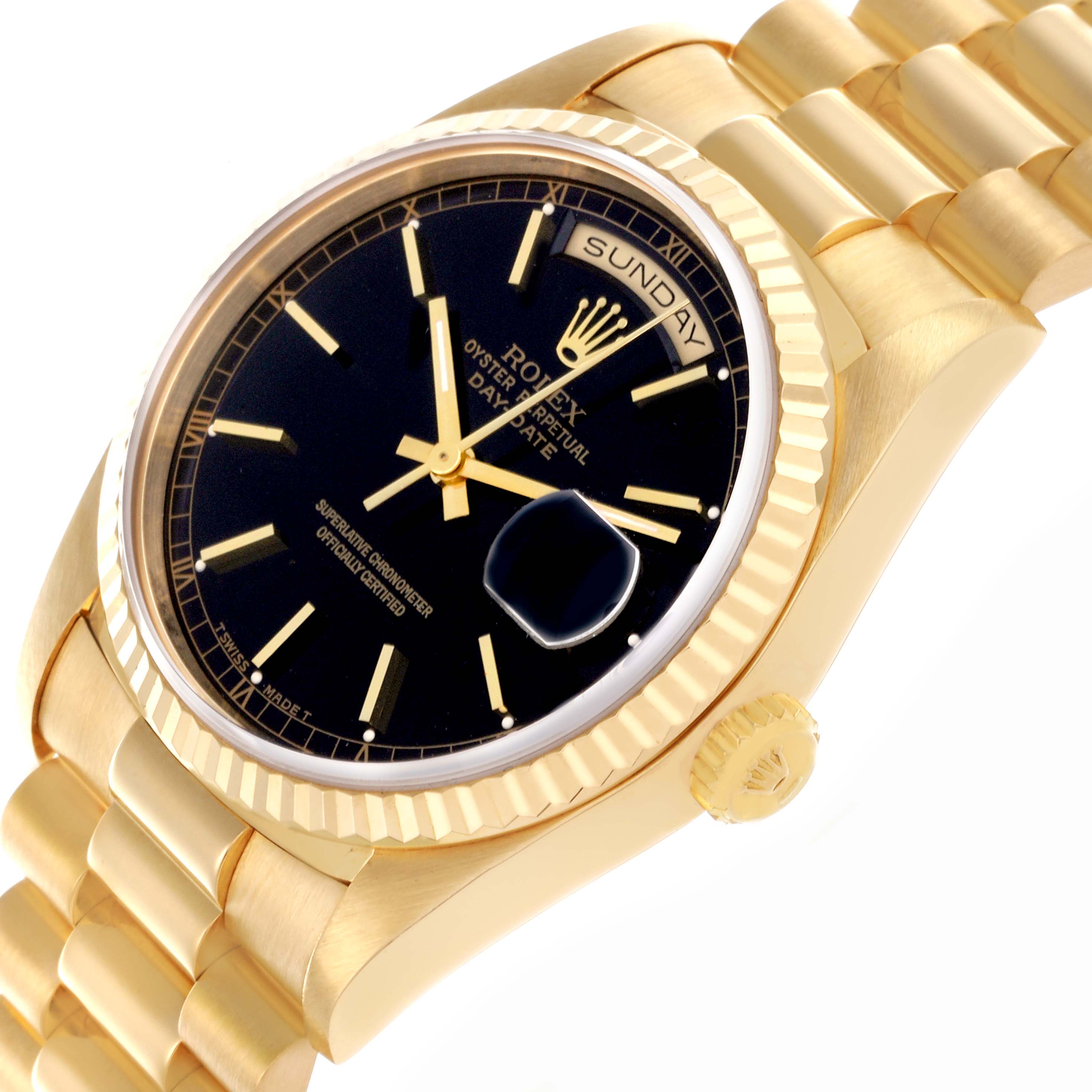 The image shows a side angle of the Rolex President 18238 Men's Yellow Gold Black Dial 18238 Men's Yellow Gold Black Dial model, highlighting the watch face, bezel, crown, and band.