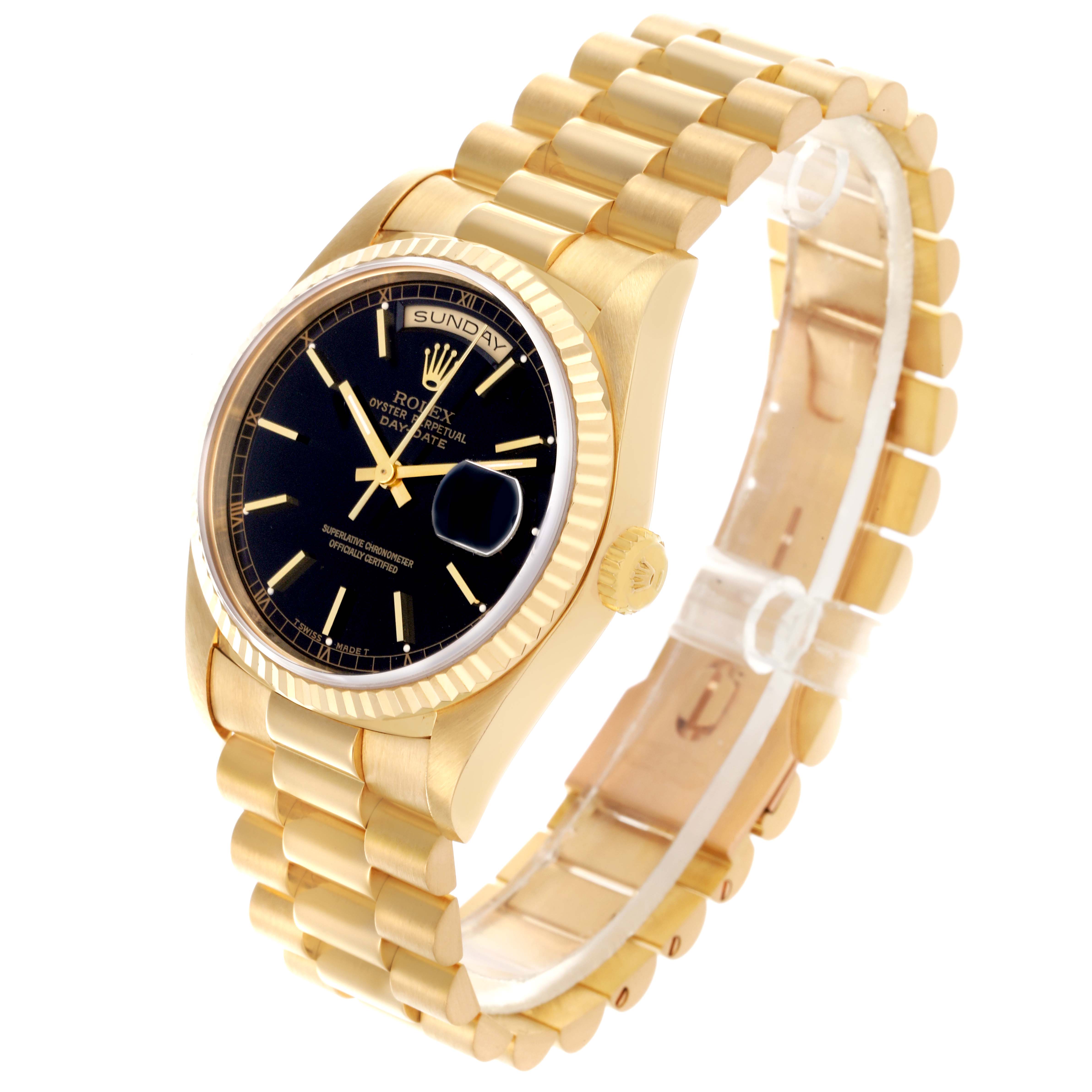 The image shows a Rolex President 18238 Men's Yellow Gold Black Dial 18238 Men's Yellow Gold Black Dial model from an angled view, highlighting the black dial, fluted bezel, and gold bracelet.