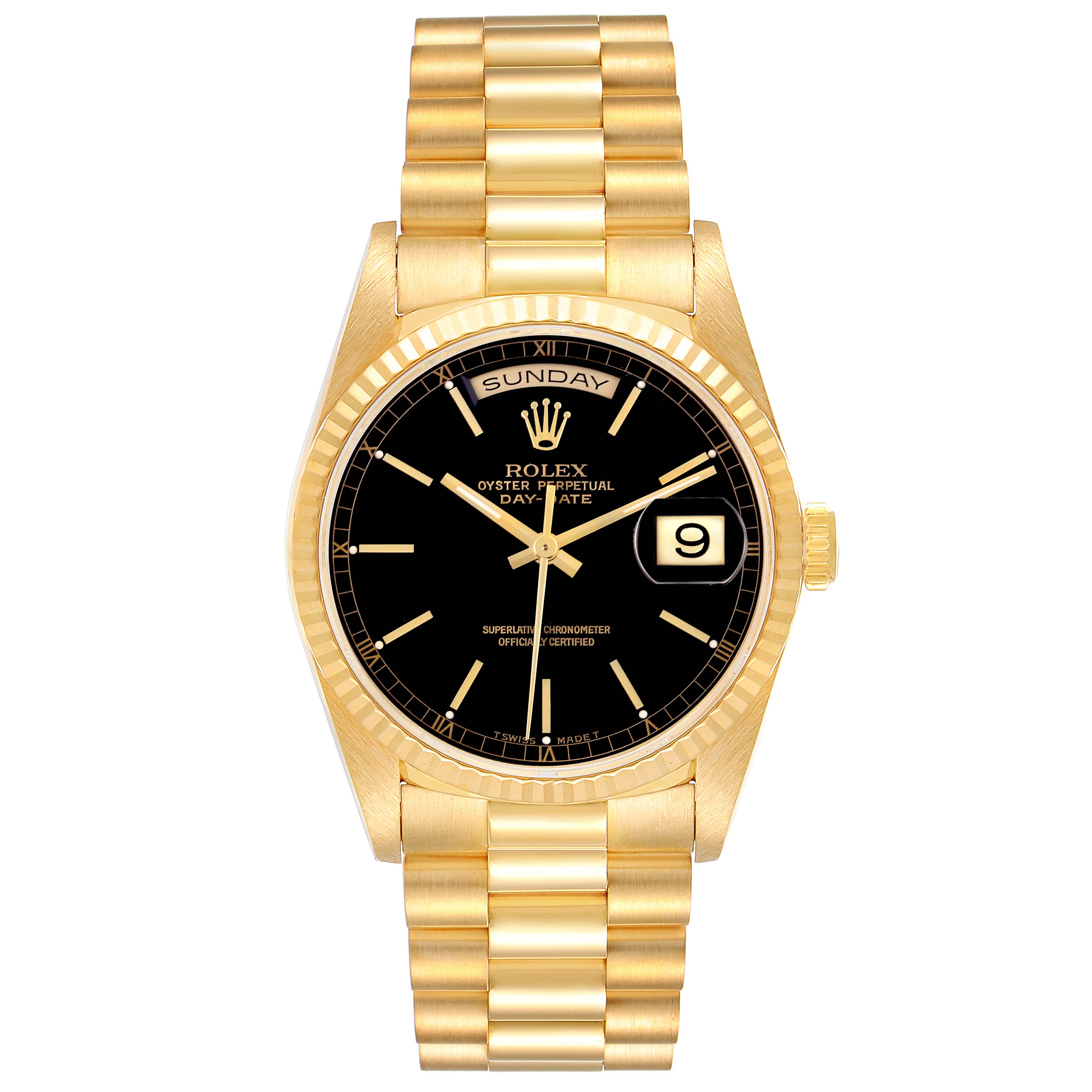The Rolex President 18238 Men's Yellow Gold Black Dial 18238 Men's Yellow Gold Black Dial model watch is shown from a front angle, displaying the full dial, bracelet, and case.