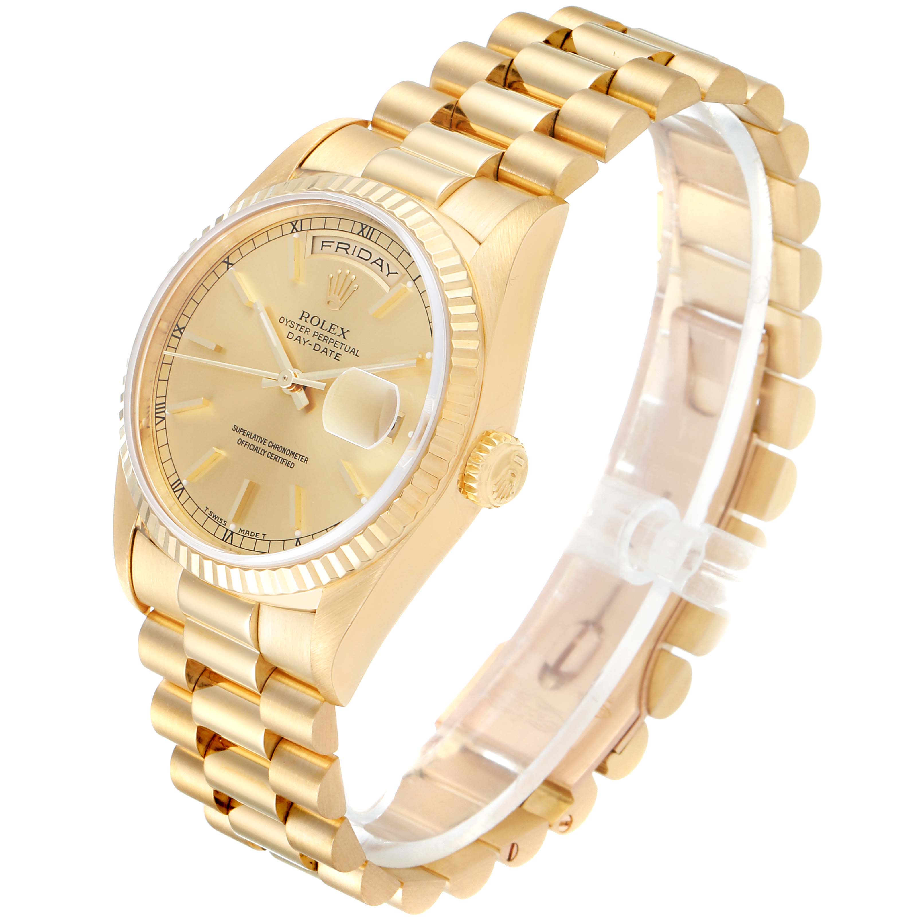 This image shows a side angle of the Rolex President 18238 Men
s Yellow Gold Champagne Dial 18238 Men
s Yellow Gold Champagne Dial model, highlighting the dial, bracelet, and crown.