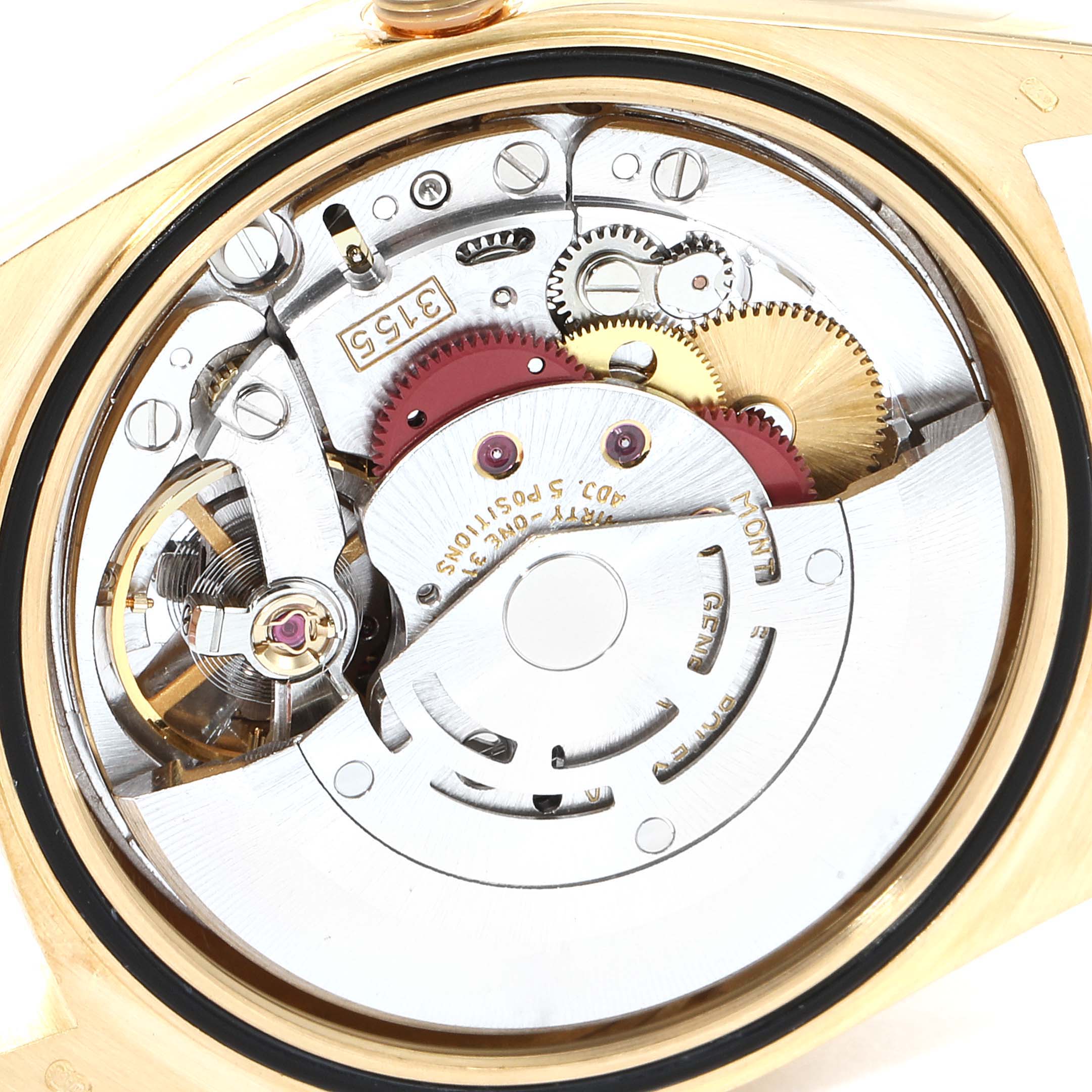 This image shows the internal mechanical movement of the Rolex President 18238 Men
s Yellow Gold Champagne Dial 18238 Men
s Yellow Gold Champagne Dial model watch from a rear angle.