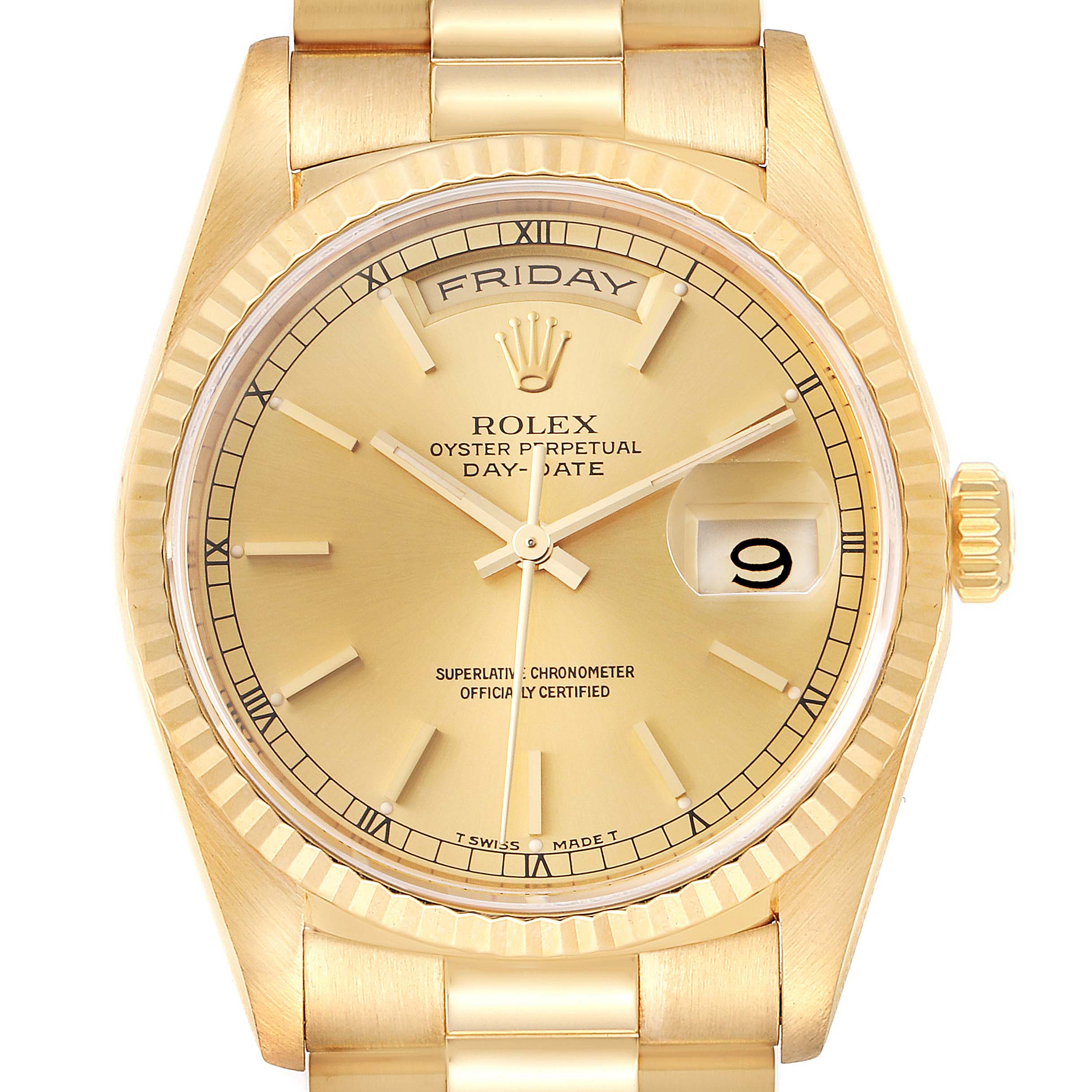 The image shows a front view of a Rolex President 18238 Men
s Yellow Gold Champagne Dial 18238 Men
s Yellow Gold Champagne Dial Oyster Perpetual Day-Date watch.