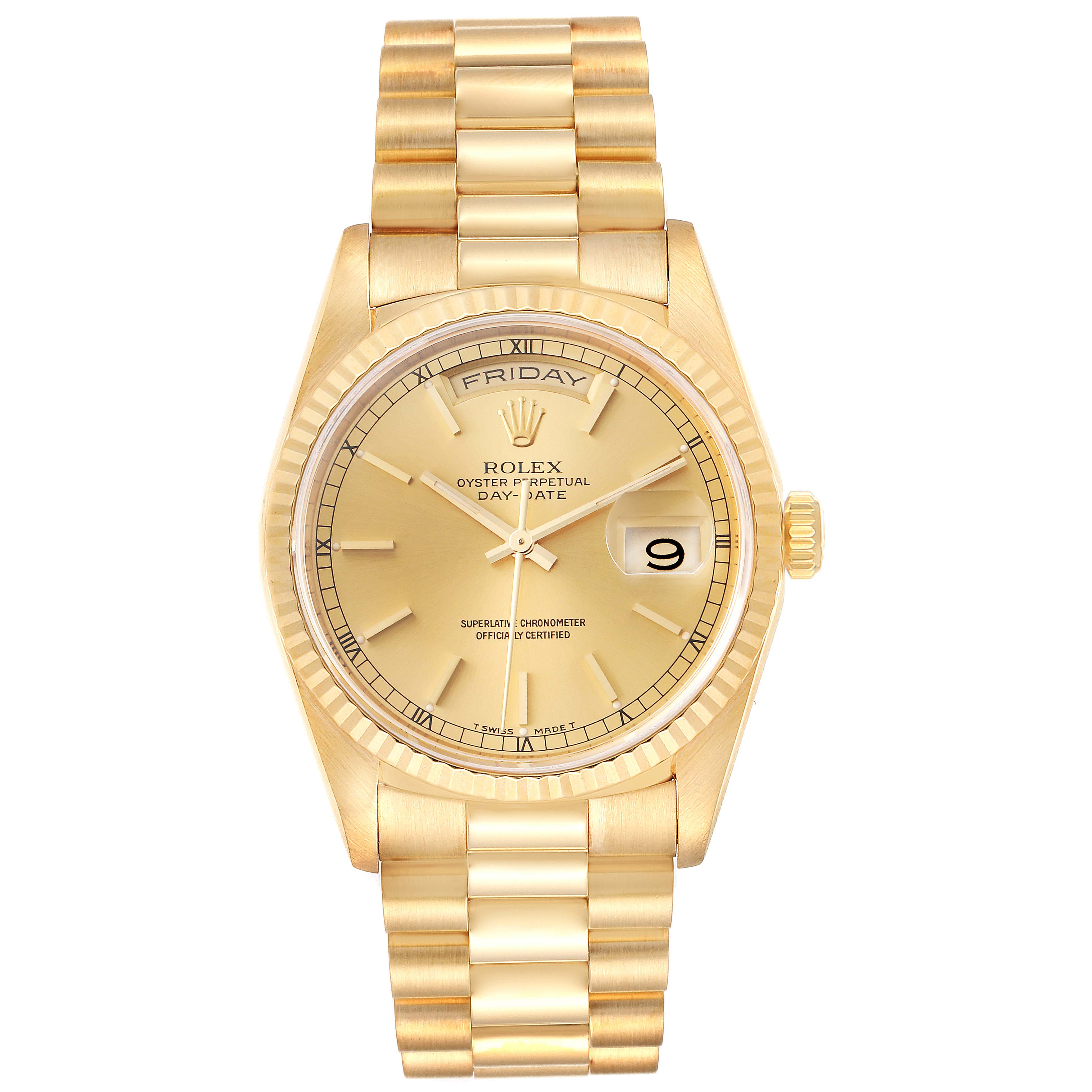 The image shows a front view of a Rolex President 18238 Men
s Yellow Gold Champagne Dial 18238 Men
s Yellow Gold Champagne Dial model watch, displaying the Oyster bracelet, dial, day, and date features.