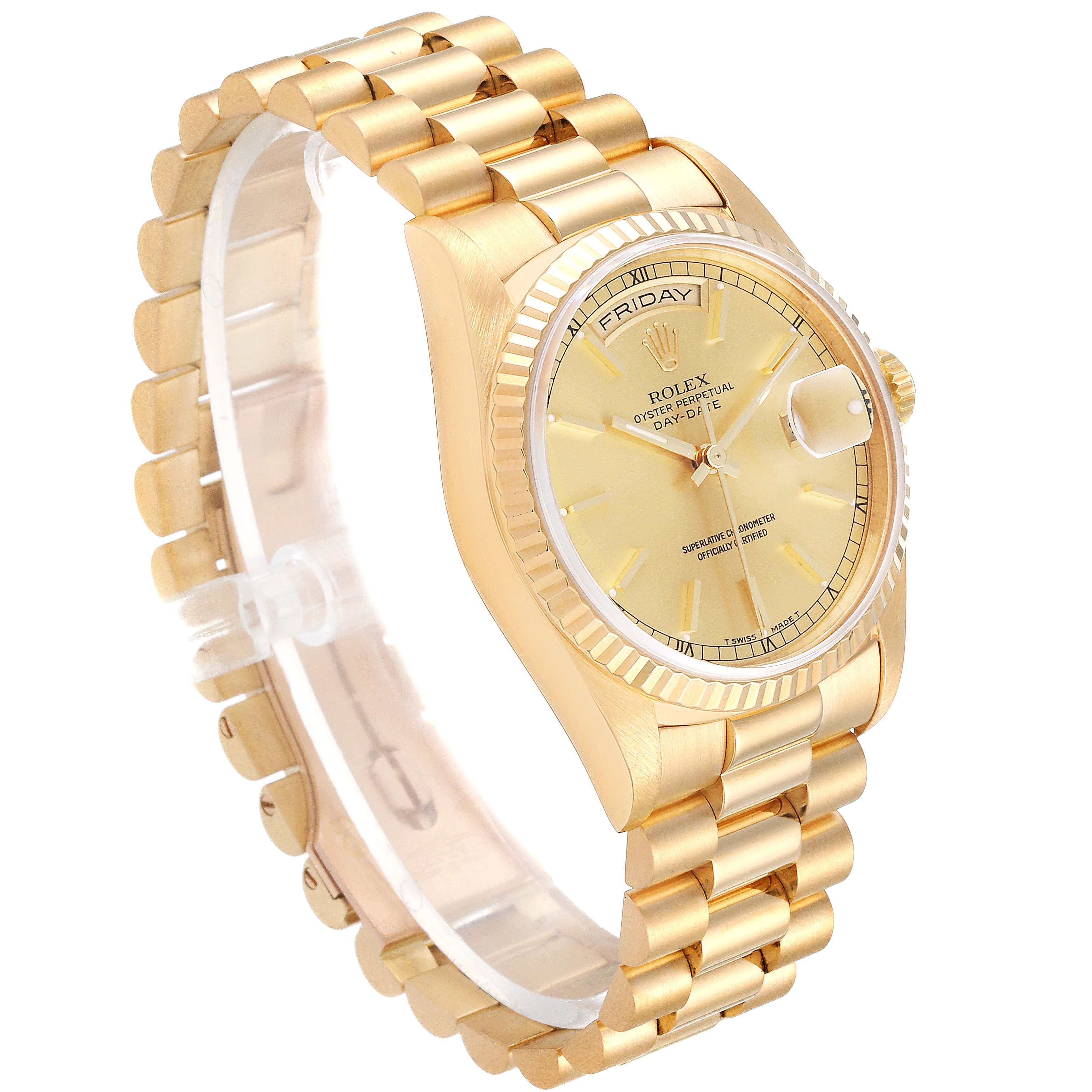 The Rolex President 18238 Men
s Yellow Gold Champagne Dial 18238 Men
s Yellow Gold Champagne Dial model watch is shown at a slight angle, displaying the dial, bezel, and bracelet.