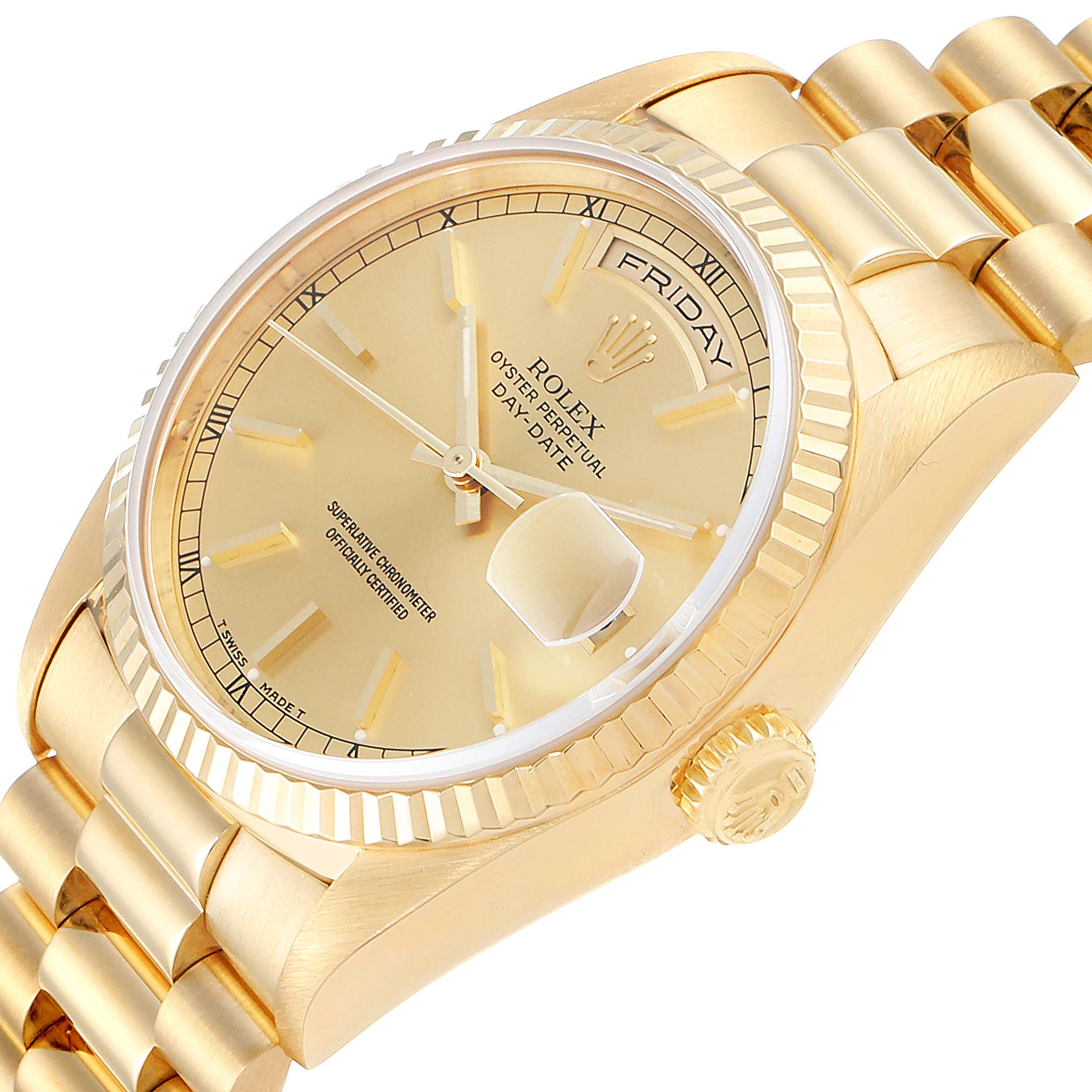The image shows a close-up, angled view of the Rolex President 18238 Men
s Yellow Gold Champagne Dial 18238 Men
s Yellow Gold Champagne Dial model watch, highlighting the dial, crown, and bracelet.