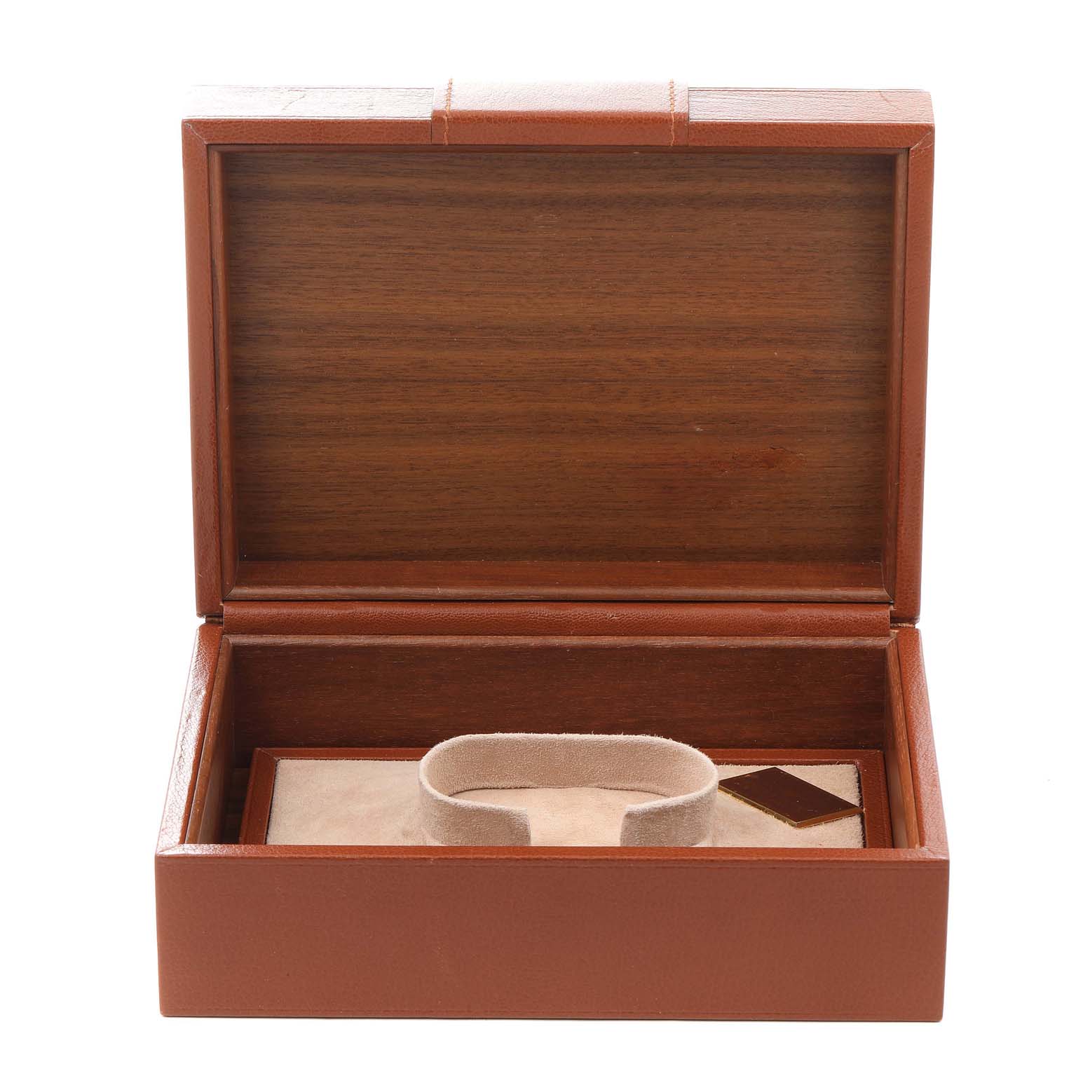 This image shows an empty watch box for the Rolex President 18238 Men
s Yellow Gold Champagne Dial 18238 Men
s Yellow Gold Champagne Dial model, viewed from above with the lid open.