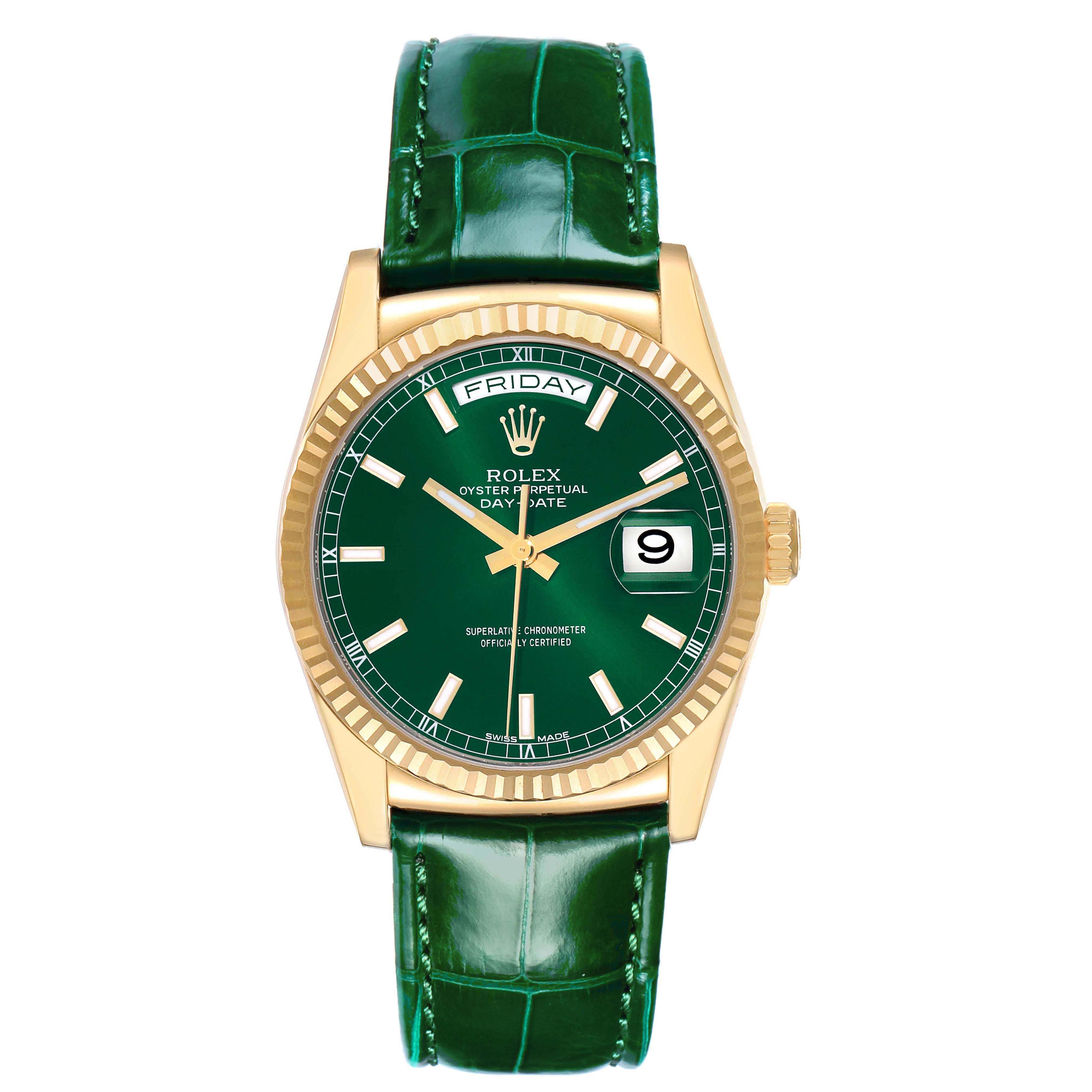 The Rolex President 118138 Men's Yellow Gold Green Dial model watch is shown from a front angle, featuring its gold case, green dial, and day-date display with a green leather strap.