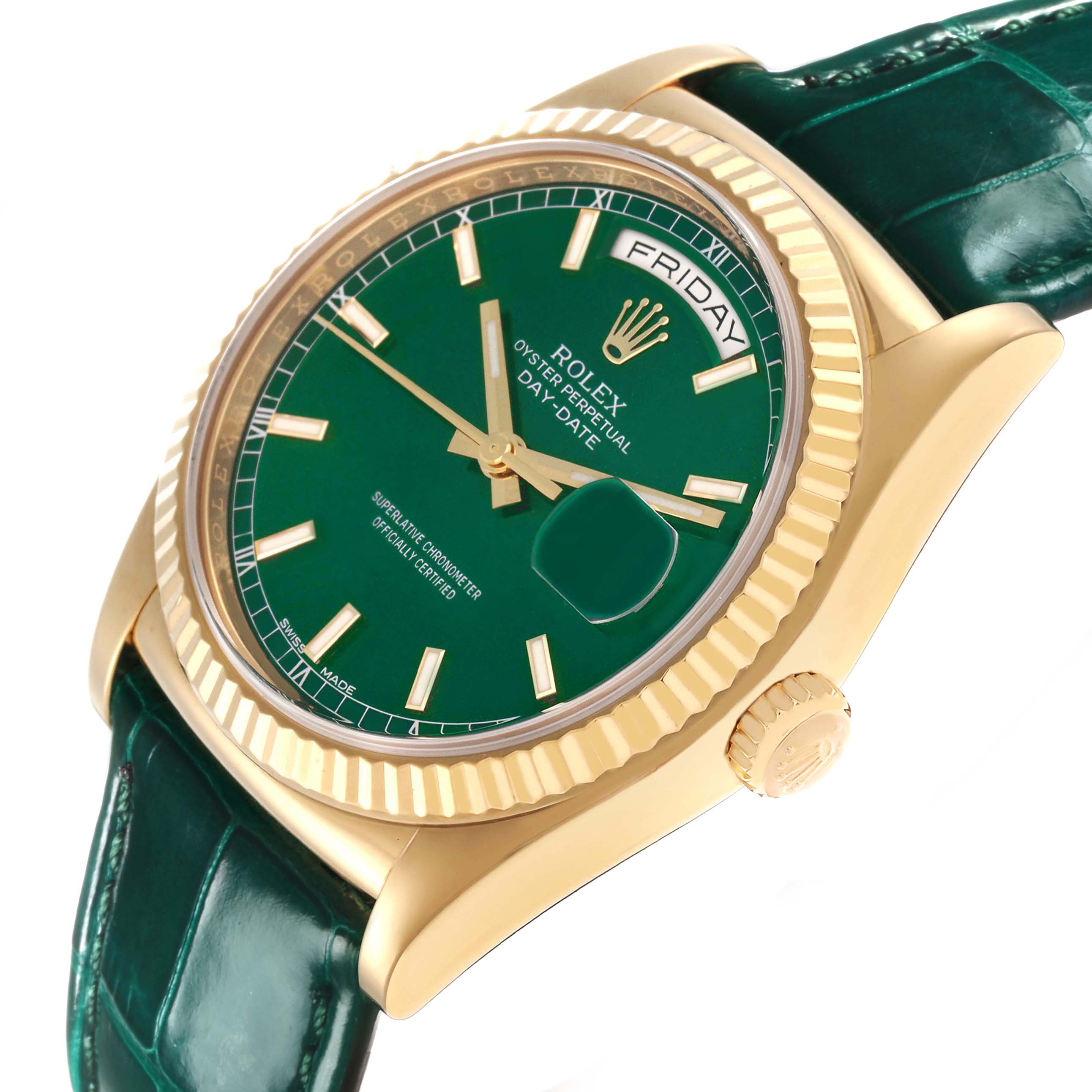 The Rolex President 118138 Men's Yellow Gold Green Dial model watch is shown at a slight angle, highlighting the green dial, day-date feature, bezel, and crown.