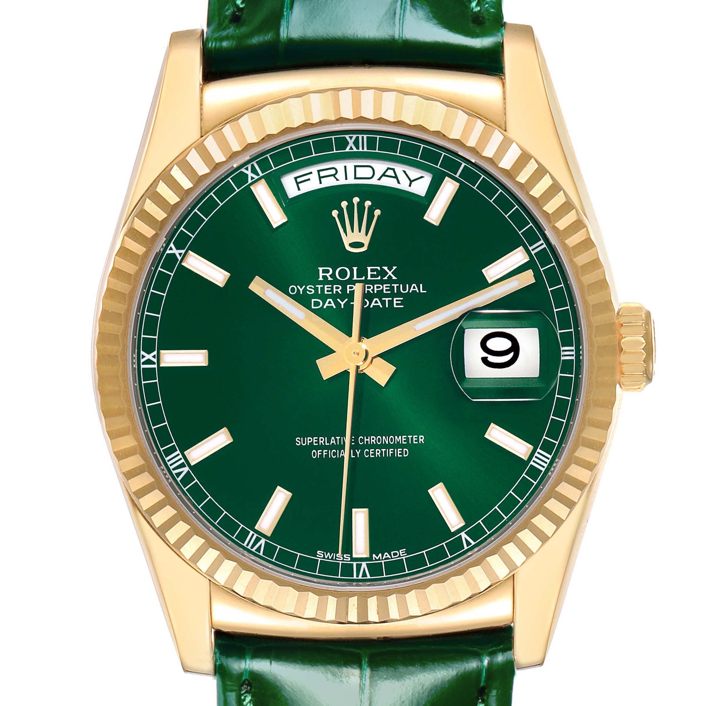 The Rolex President 118138 Men's Yellow Gold Green Dial watch is shown from a front angle, highlighting the green dial, day-date window, and gold case.