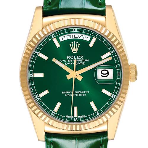 The Rolex President 118138 Men's Yellow Gold Green Dial watch is shown from a front angle, highlighting the green dial, day-date display, and gold case.